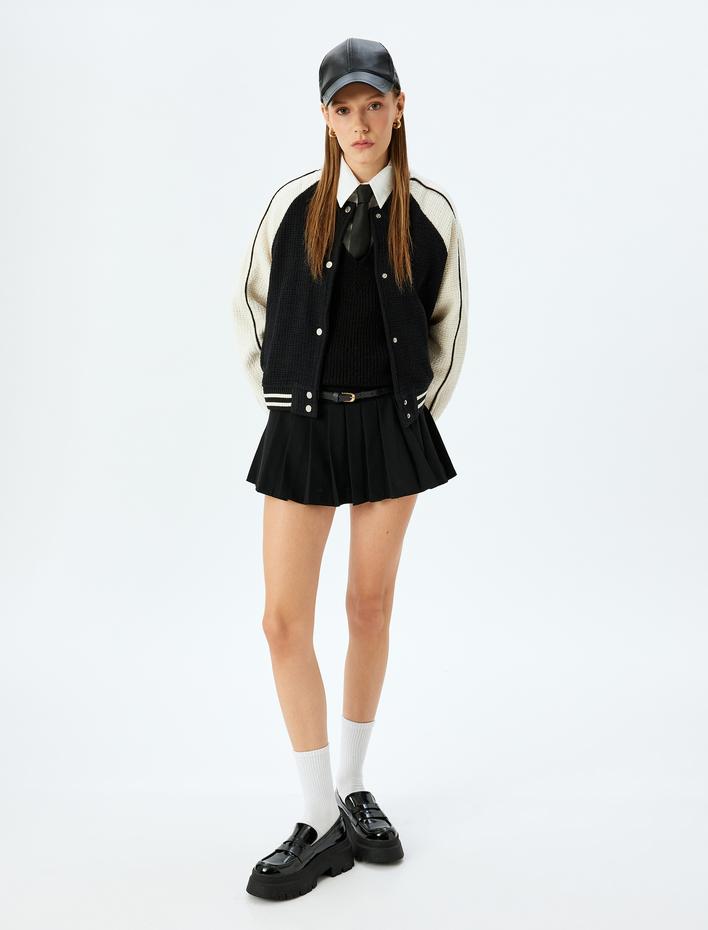  Bomber Yaka Çıtçıt Düğmeli Renk Bloklu Biyeli Ceket