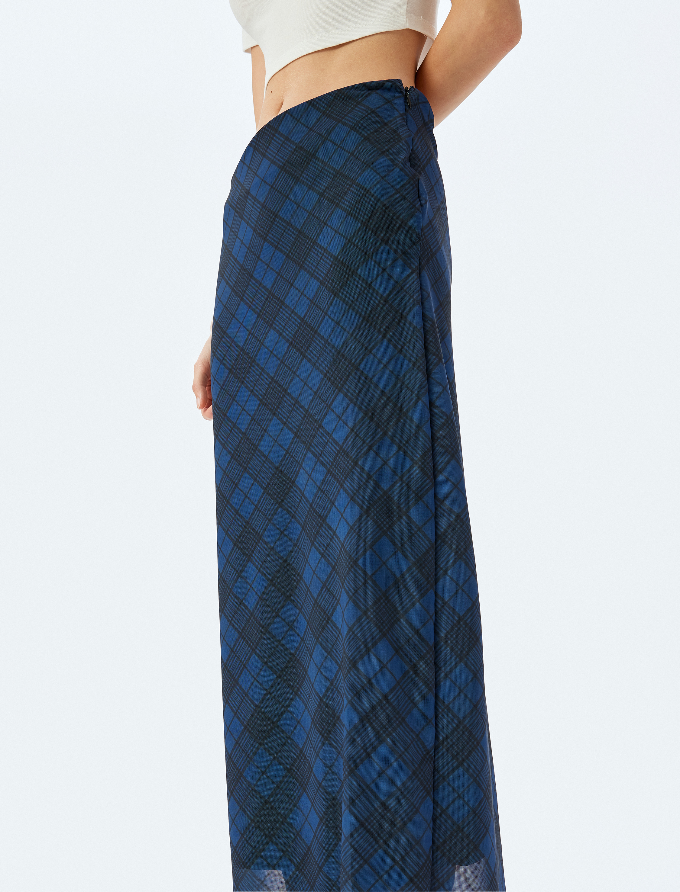   Yüksek Bel Slim Fit Ekoseli Astarlı Midi Kalem Etek