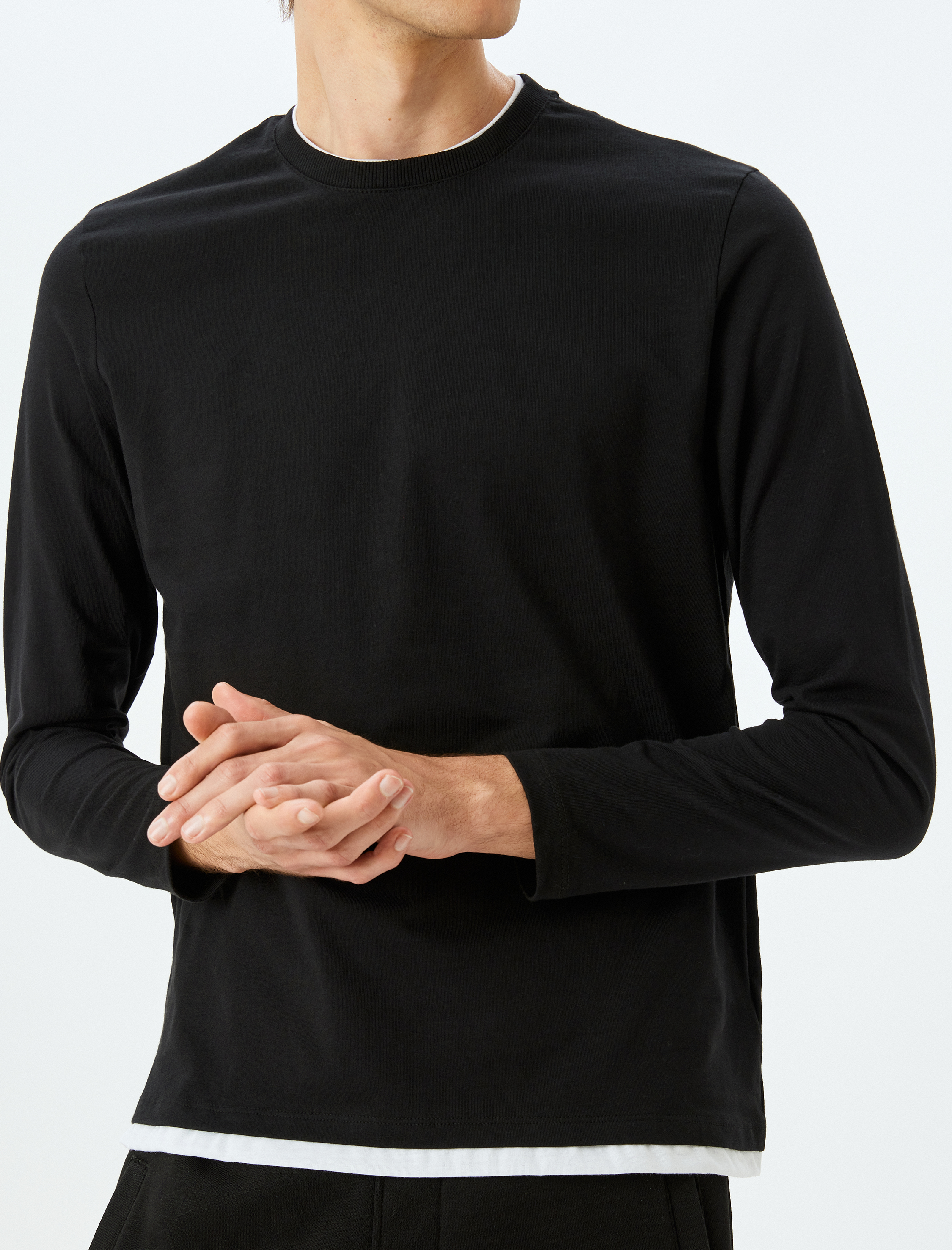   Bisiklet Yaka Renk Kontrast Detaylı Pamuklu Uzun Kollu Tişört