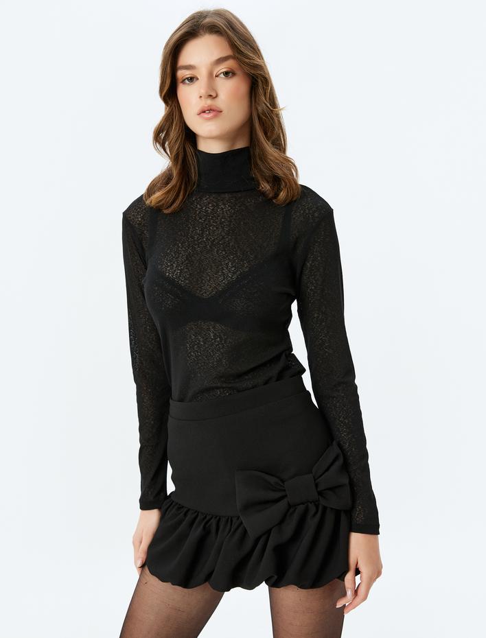  Krep Kumaş Fiyonk Aplike Detaylı Mini Balon Etek