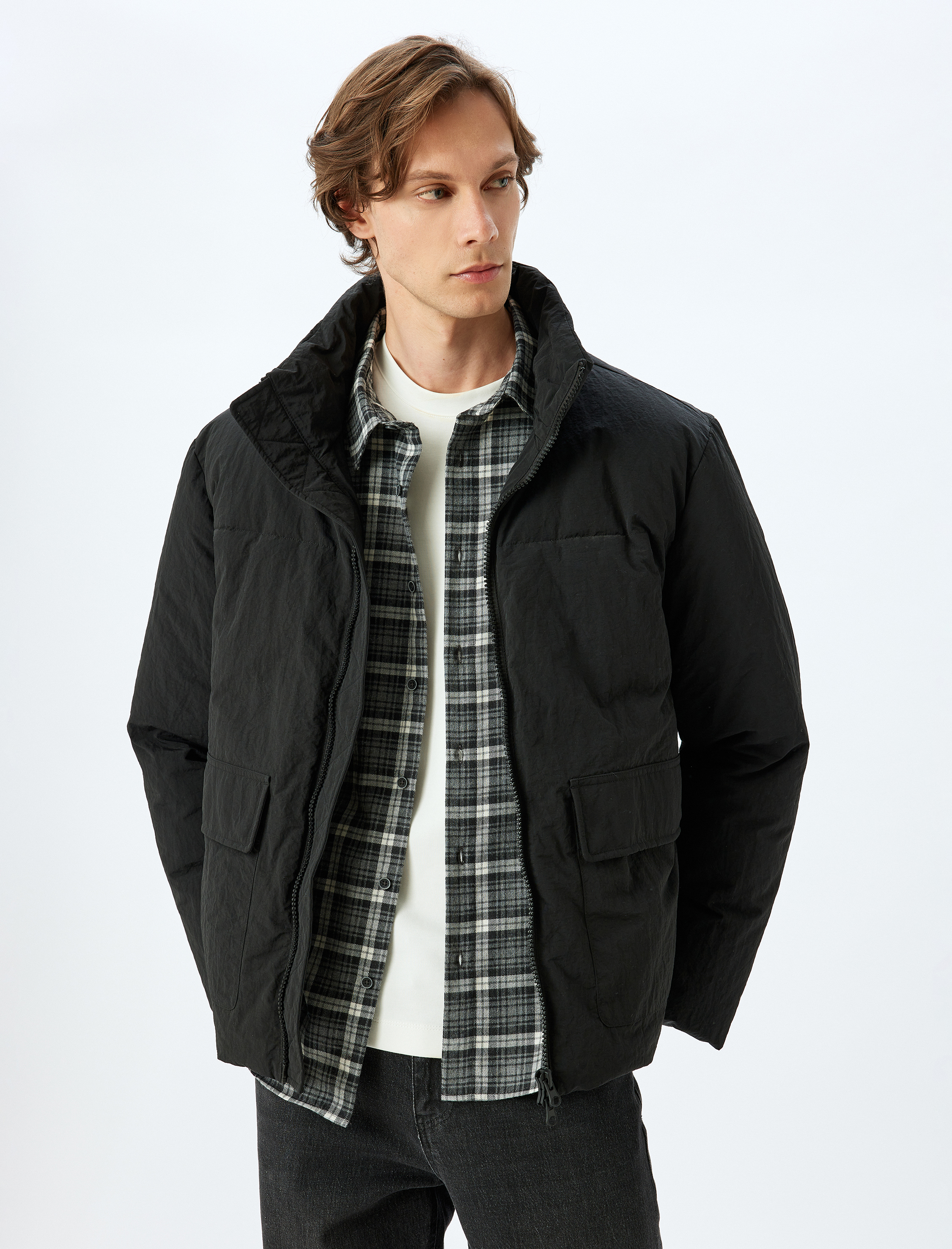   Dik Yaka Fermuarlı Slim Fit Şişme Mevsimlik Ceket