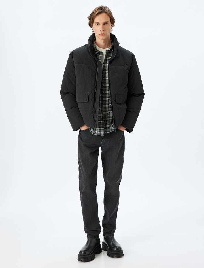  Dik Yaka Fermuarlı Slim Fit Şişme Mevsimlik Ceket