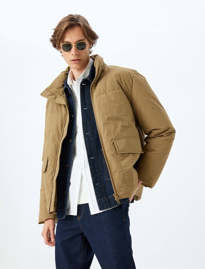  Dik Yaka Fermuarlı Slim Fit Şişme Mevsimlik Ceket