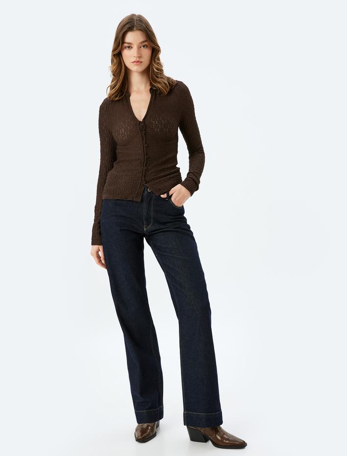  Uzun Kollu V Yaka Düğmeli Ajurlu Hırka