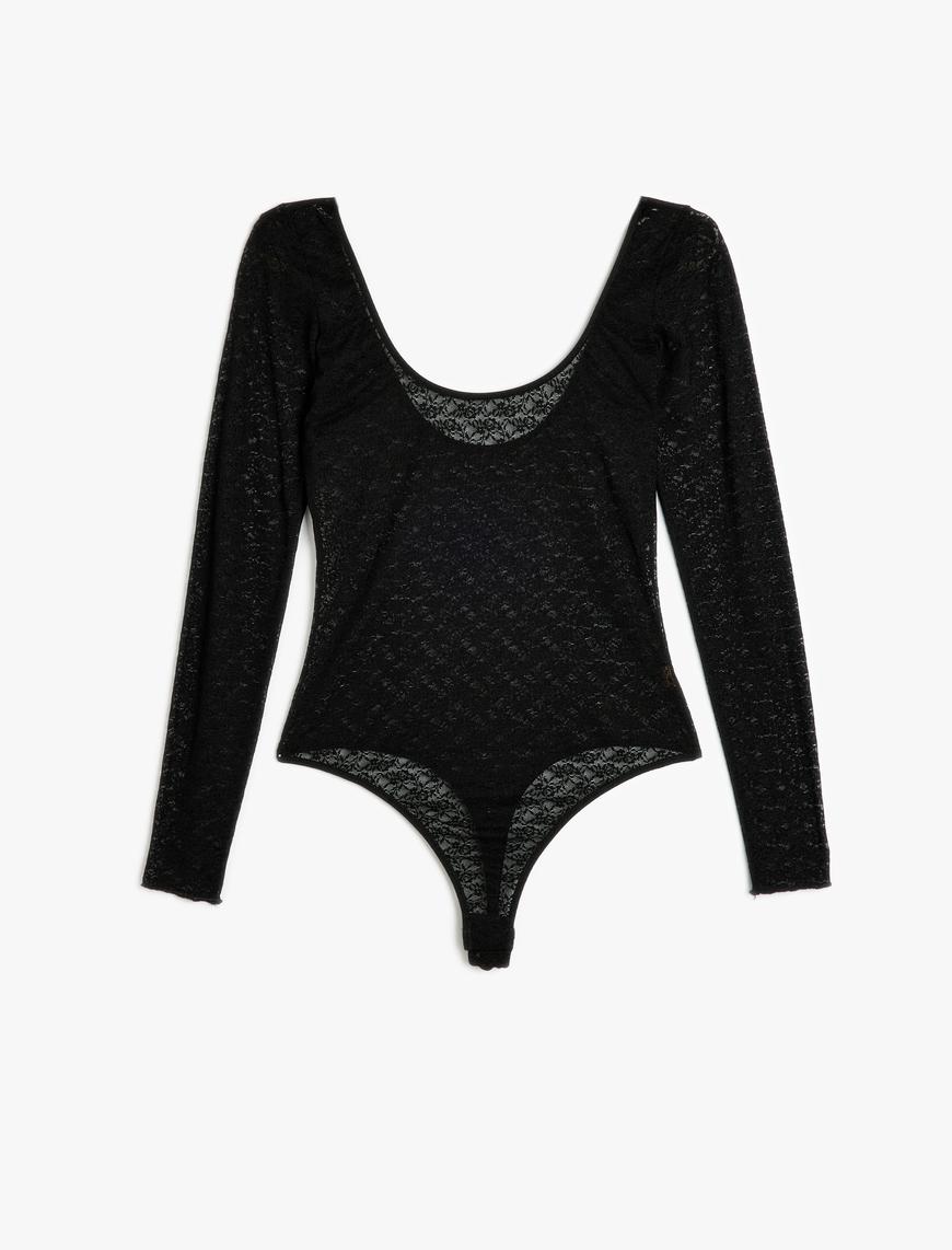   Koton X Sibil Çetinkaya - Uzun Kollu Sırt Dekolteli Transparan Tül Dantel Bodysuit