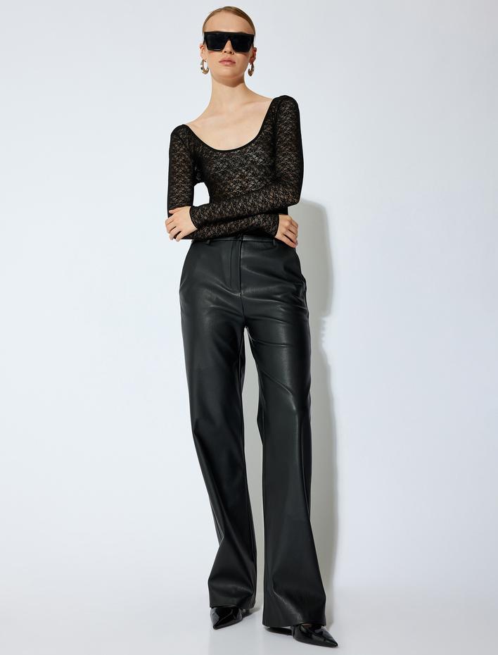  Koton X Sibil Çetinkaya - Uzun Kollu Sırt Dekolteli Transparan Tül Dantel Bodysuit