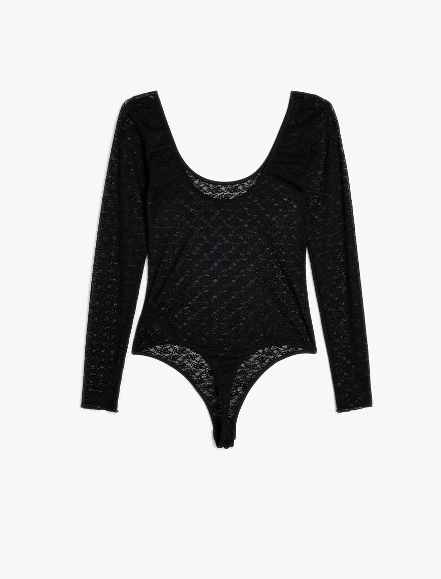   Koton X Sibil Çetinkaya - Uzun Kollu Sırt Dekolteli Transparan Tül Dantel Bodysuit