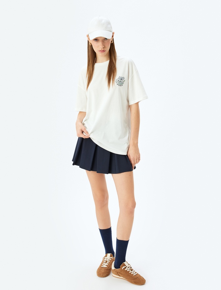  Koala Baskılı Bisiklet Yaka Rahat Kalıp Kısa Kollu Tişört