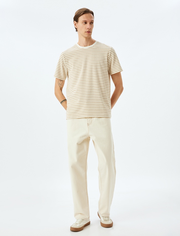  Bisiklet Yaka Kısa Kollu Pamuk Karışımlı Tok Kumaş Çizgili Oversize Tişört