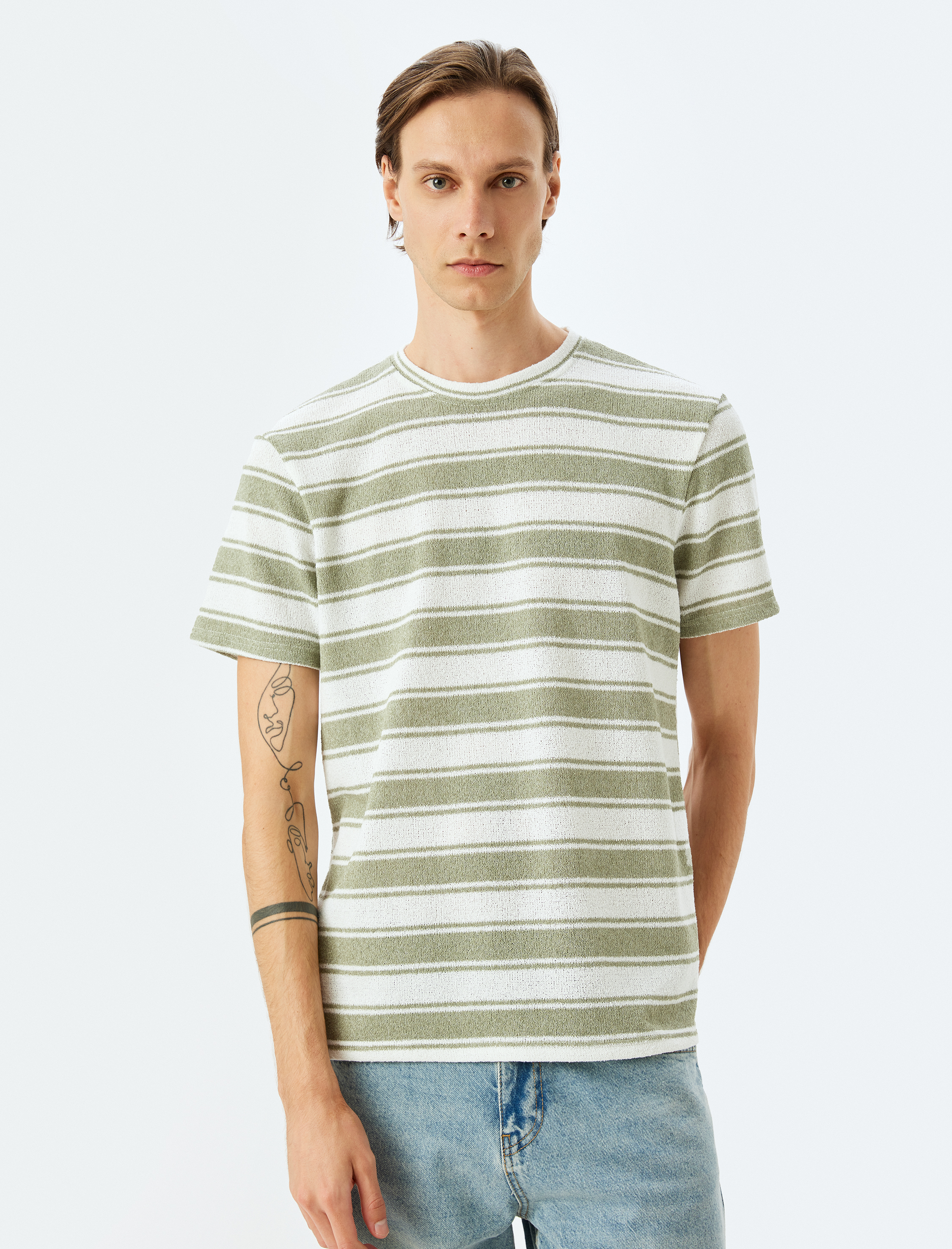   Kısa Kollu Bisiklet Yaka Regular Fit Pamuk Karışımlı Çizgili Tişört