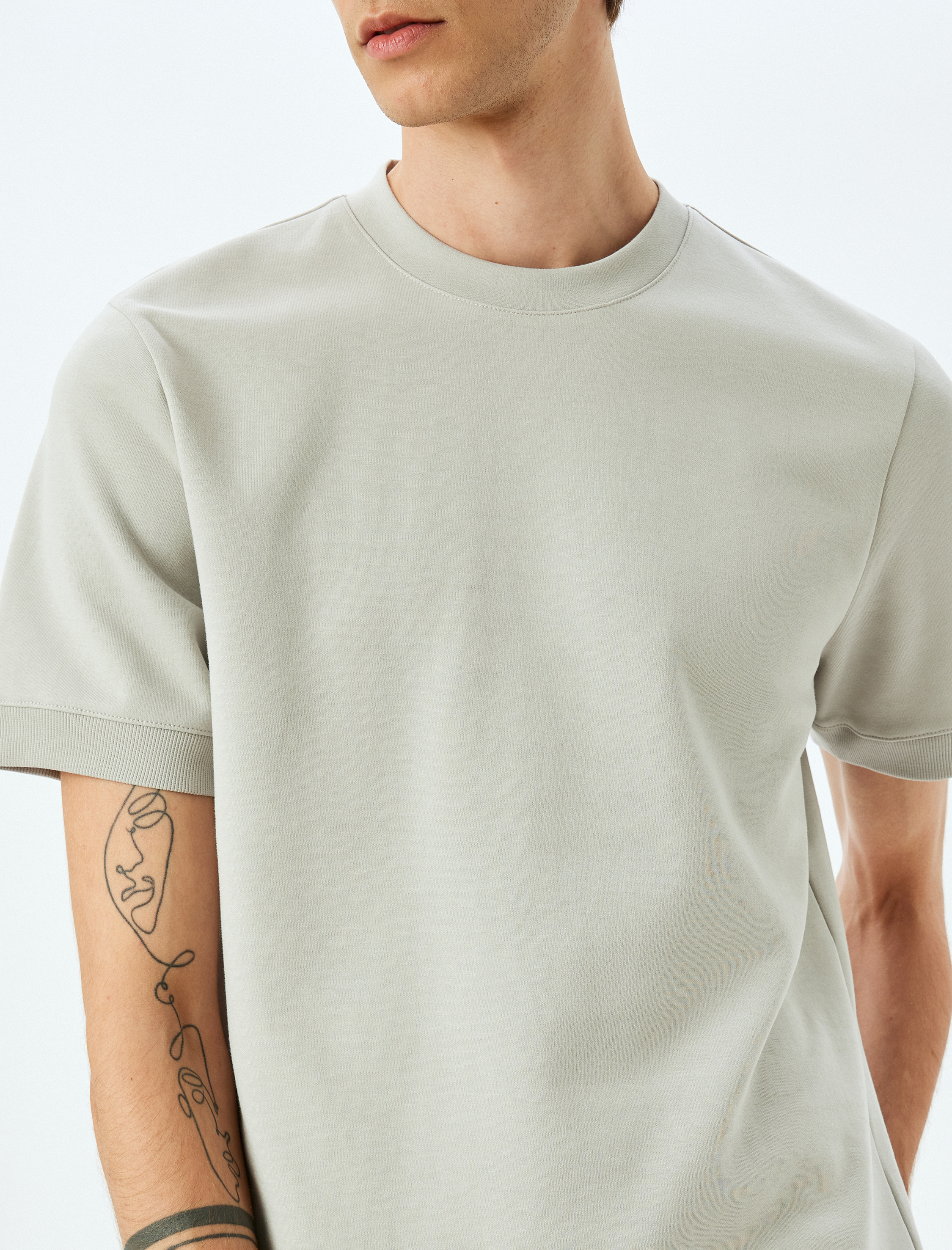   Kısa Kollu Pamuk Karışımlı Kalın Tok Kumaş Regular Fit Bisiklet Yaka Tişört