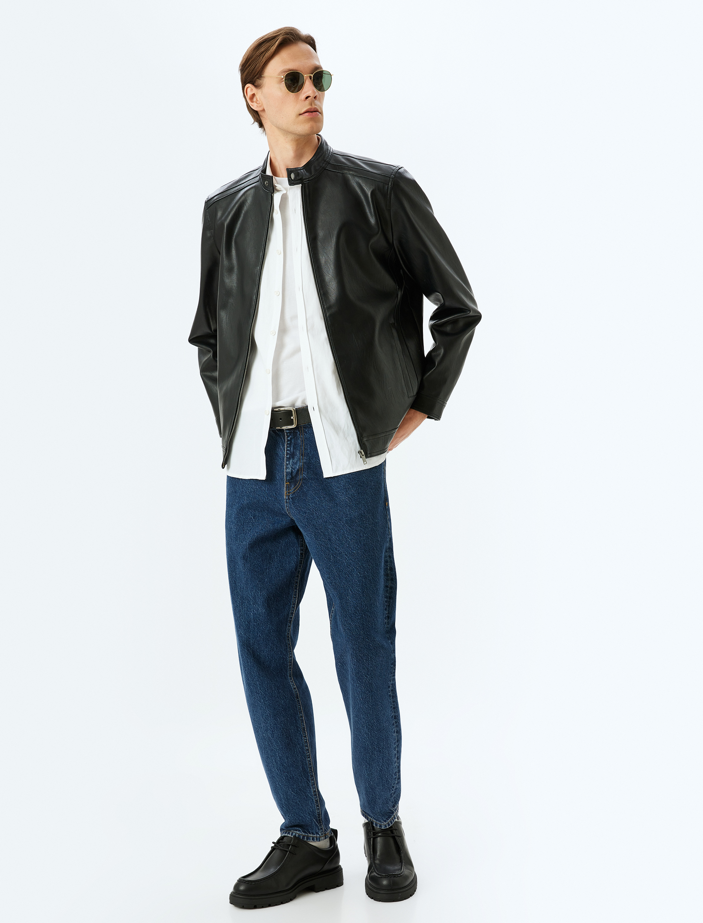   Hakim Yaka Cep Detaylı Fermuarlı Suni Deri Ceket