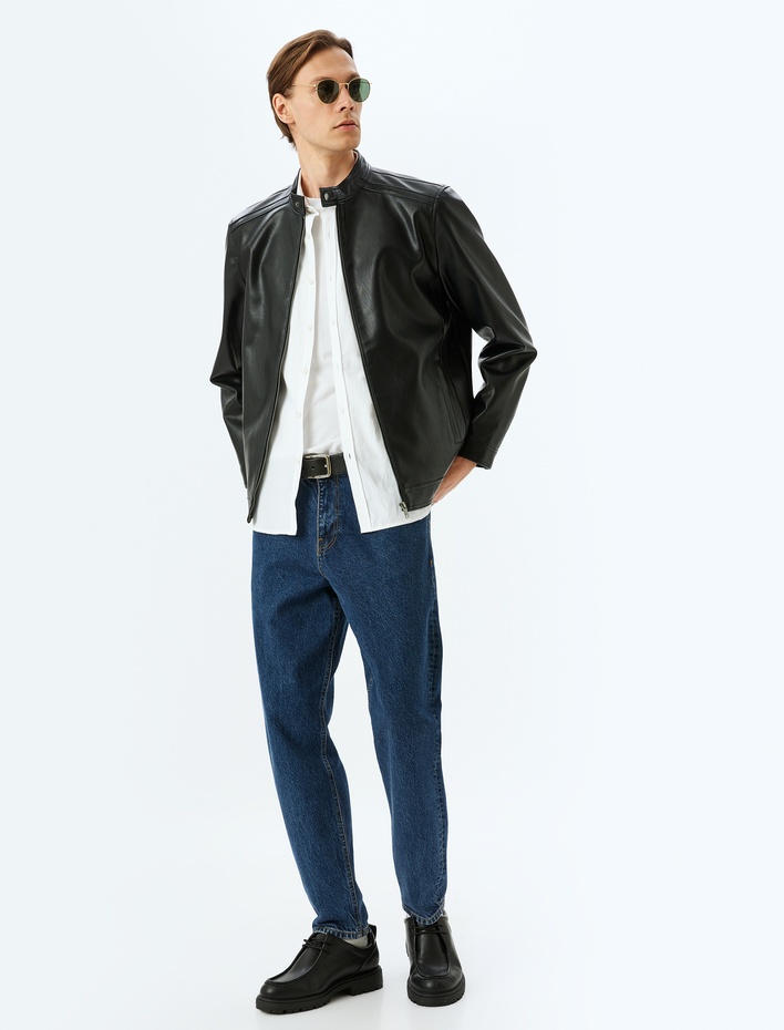  Hakim Yaka Cep Detaylı Fermuarlı Suni Deri Ceket