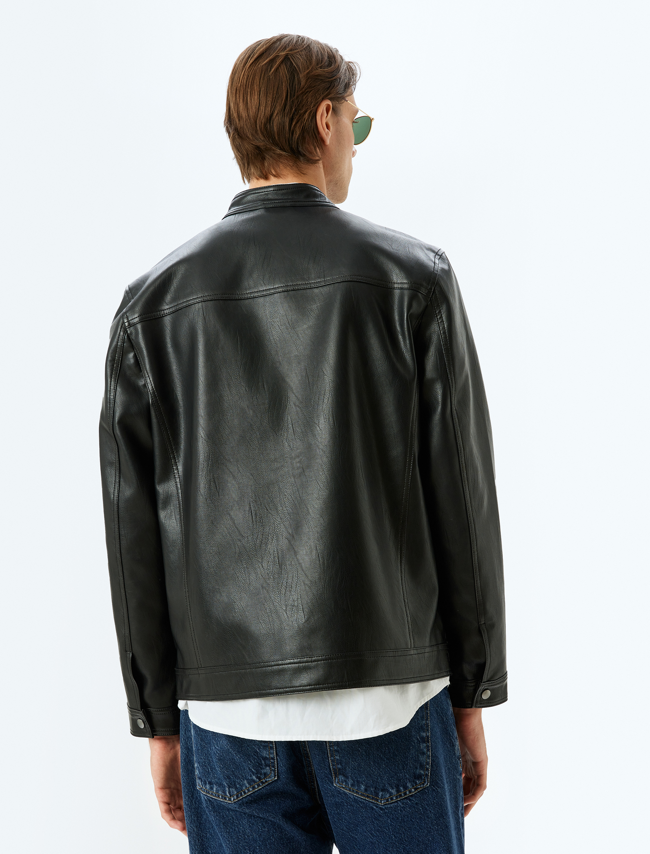   Hakim Yaka Cep Detaylı Fermuarlı Suni Deri Ceket