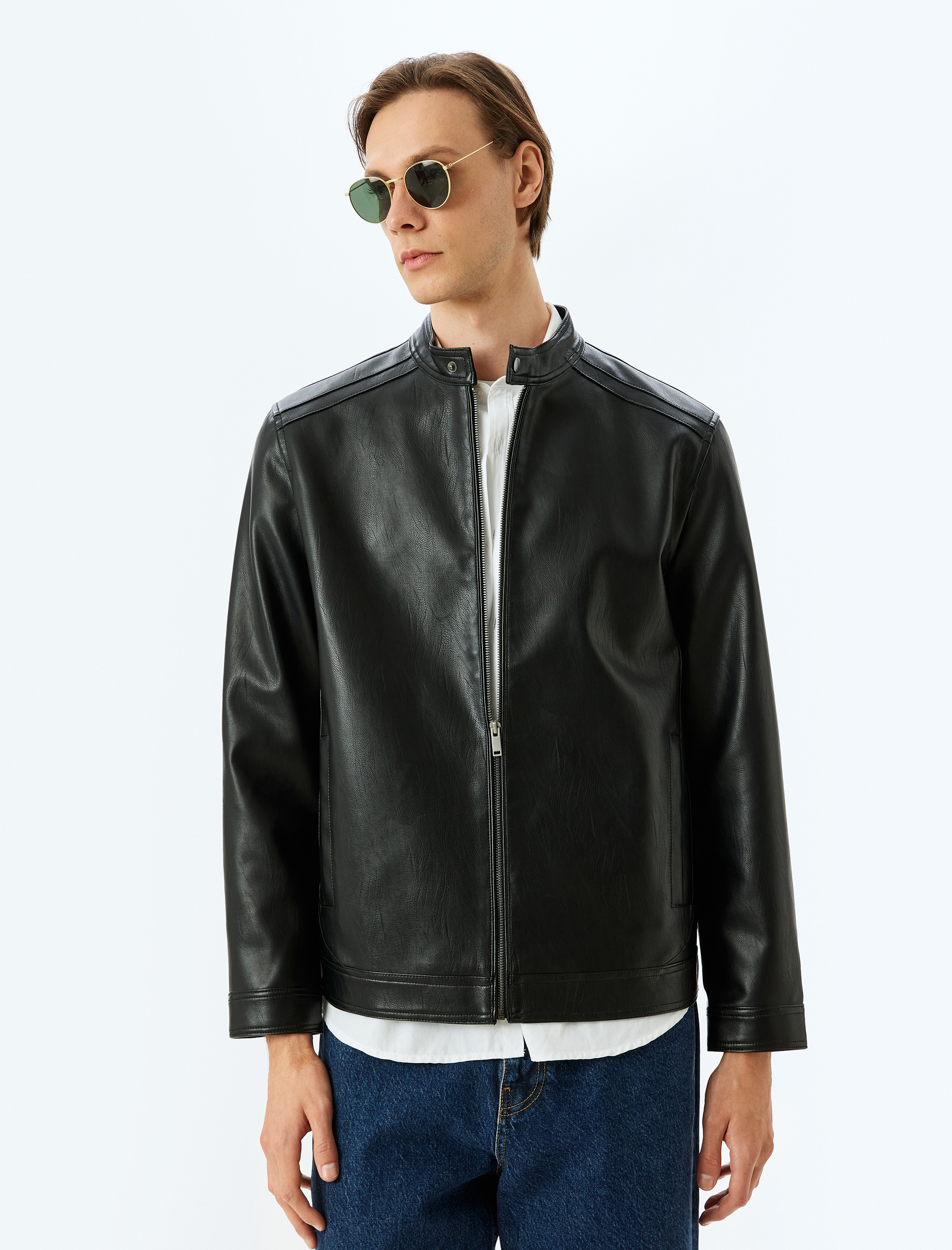   Hakim Yaka Cep Detaylı Fermuarlı Suni Deri Ceket