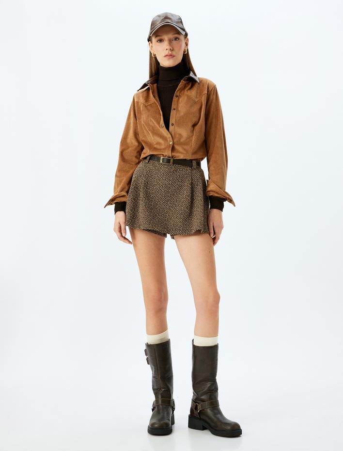  Suni Deri Yaka Fitilli Kadife Çıtçıt Düğmeli Gömlek