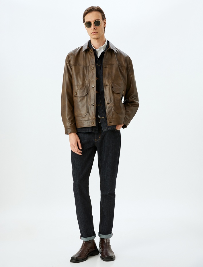  Düğmeli Viskon Cep Detaylı Suni Deri Ceket