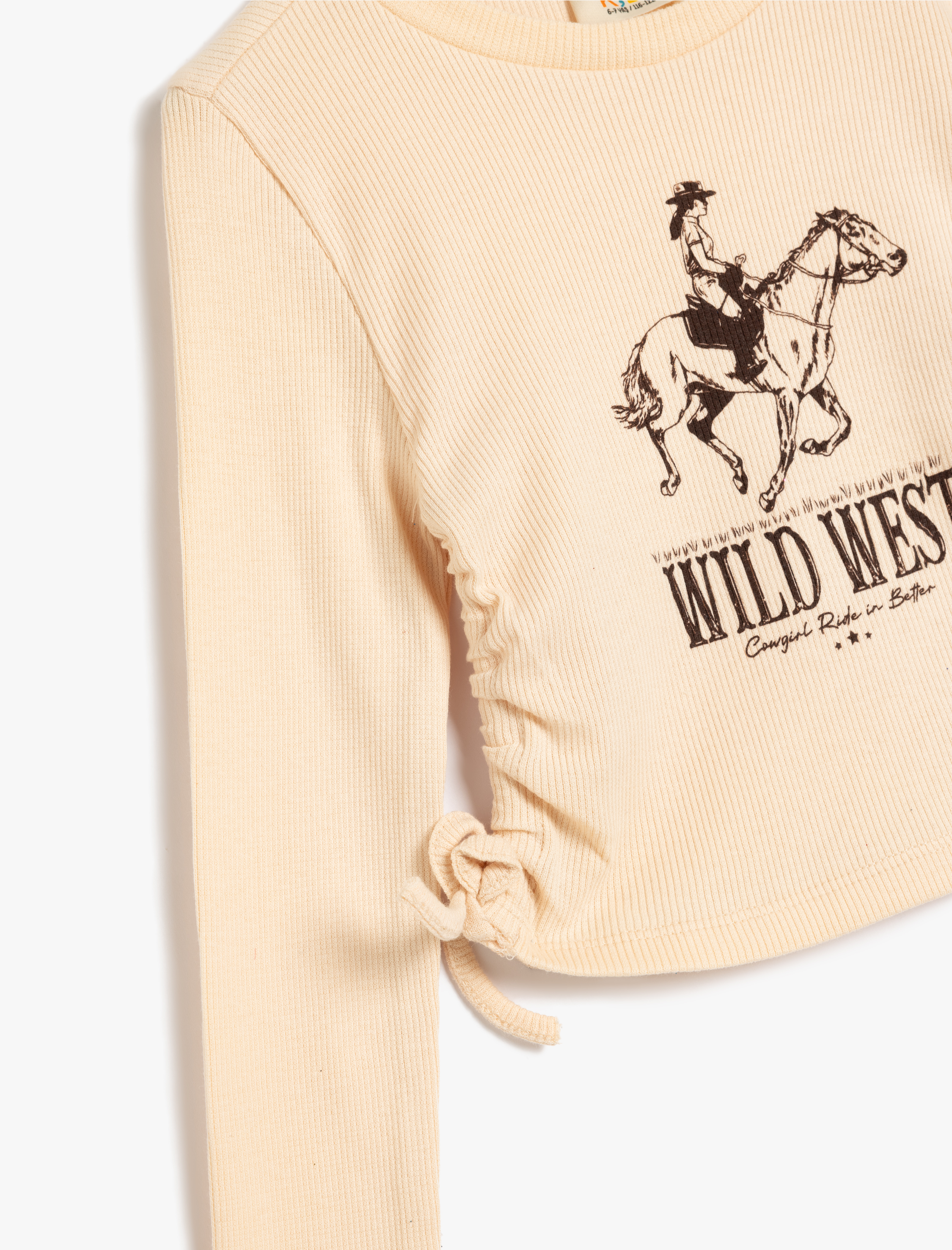  Kız Çocuk Pamuklu Yanları Büzgülü Kovboy Baskılı Uzun Kollu Tişört