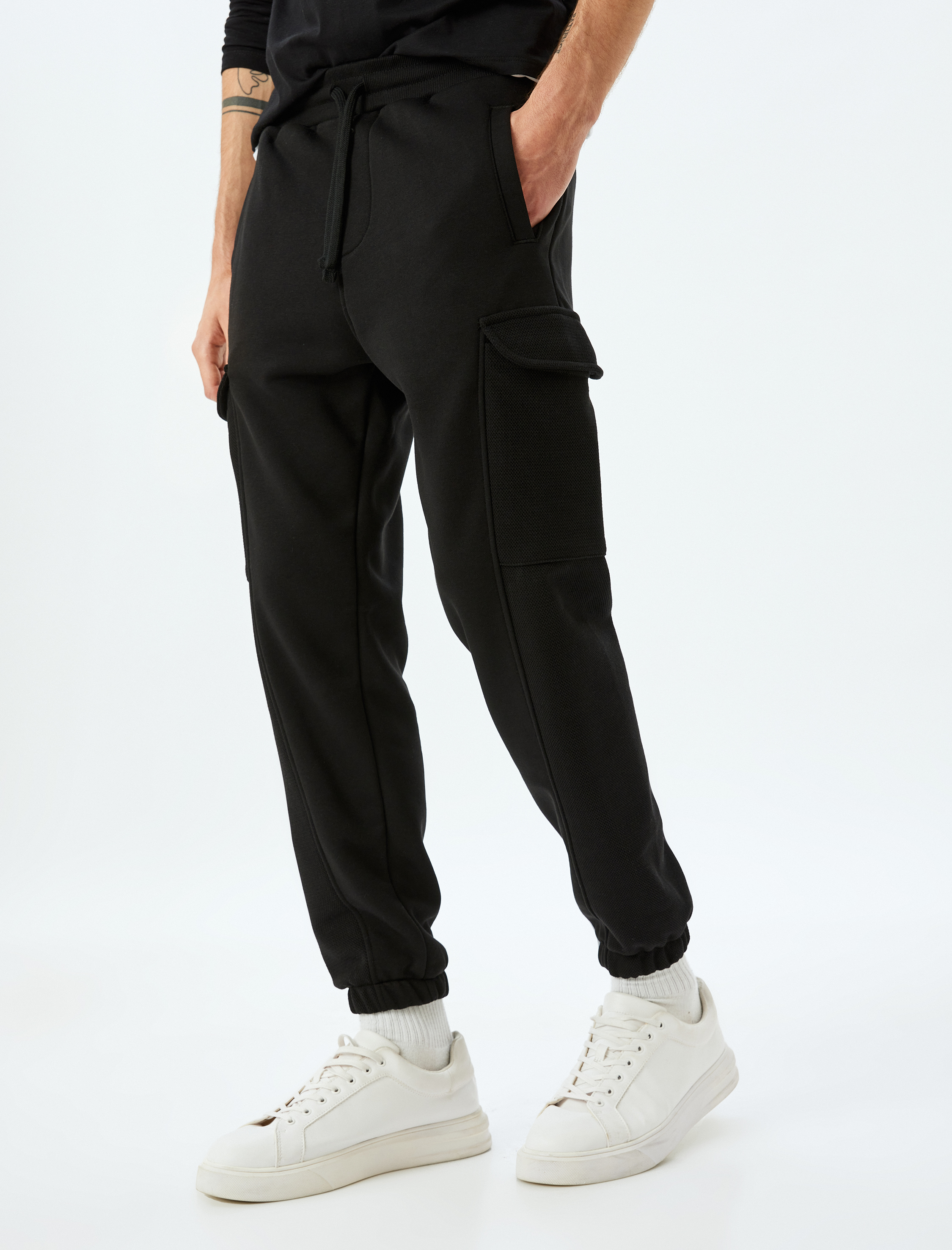   Beli Bağcıklı Pamuk Karışımlı Şardonlu Kargo Cepli Kışlık Eşofman Altı