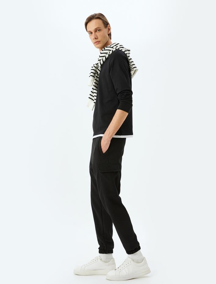  Beli Bağcıklı Pamuk Karışımlı Şardonlu Kargo Cepli Kışlık Eşofman Altı