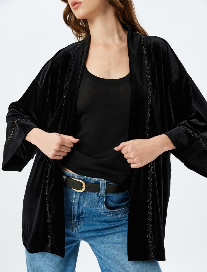  Kalça Boy Geniş 3/4 Kol Kadife Kimono