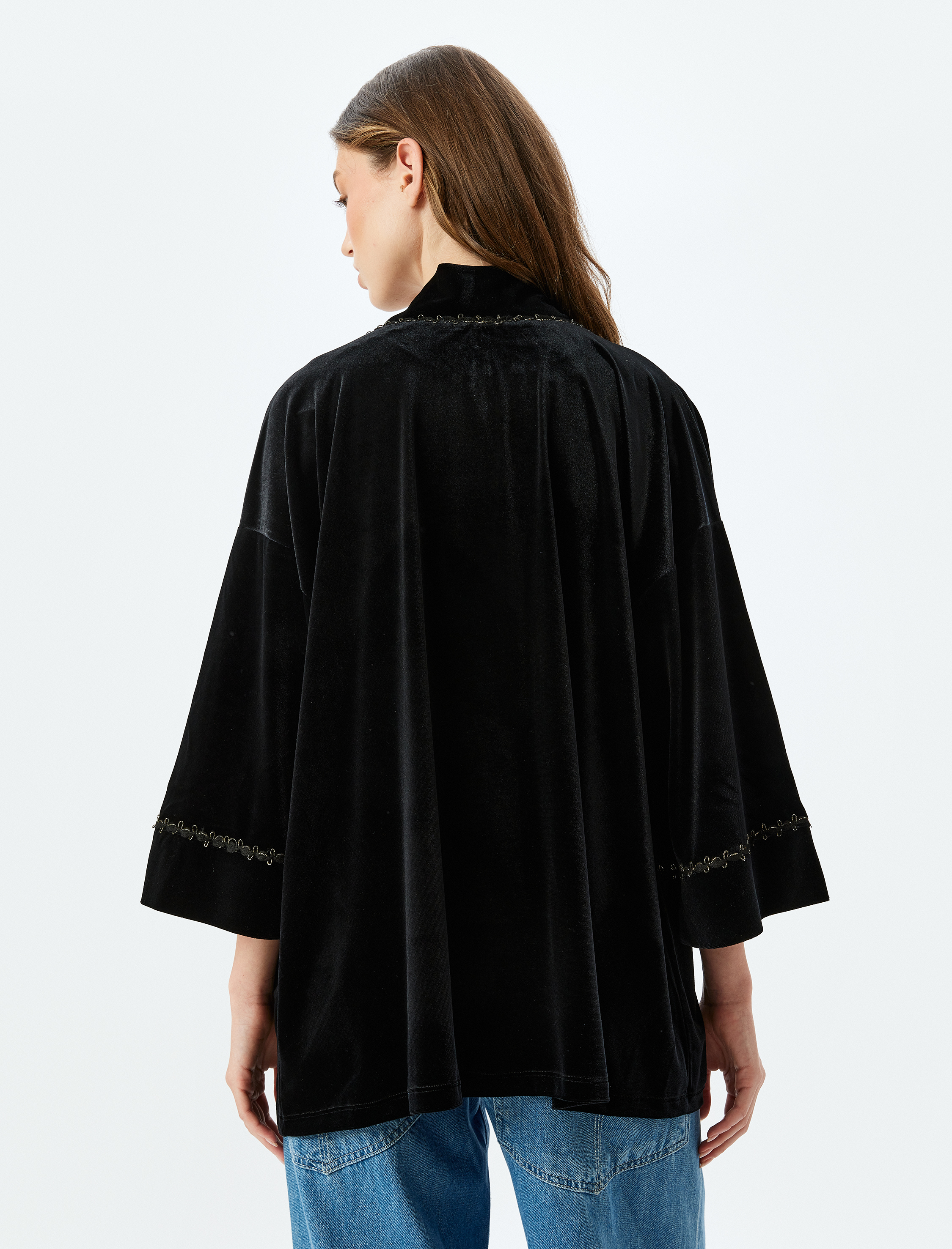   Kalça Boy Geniş 3/4 Kol Kadife Kimono