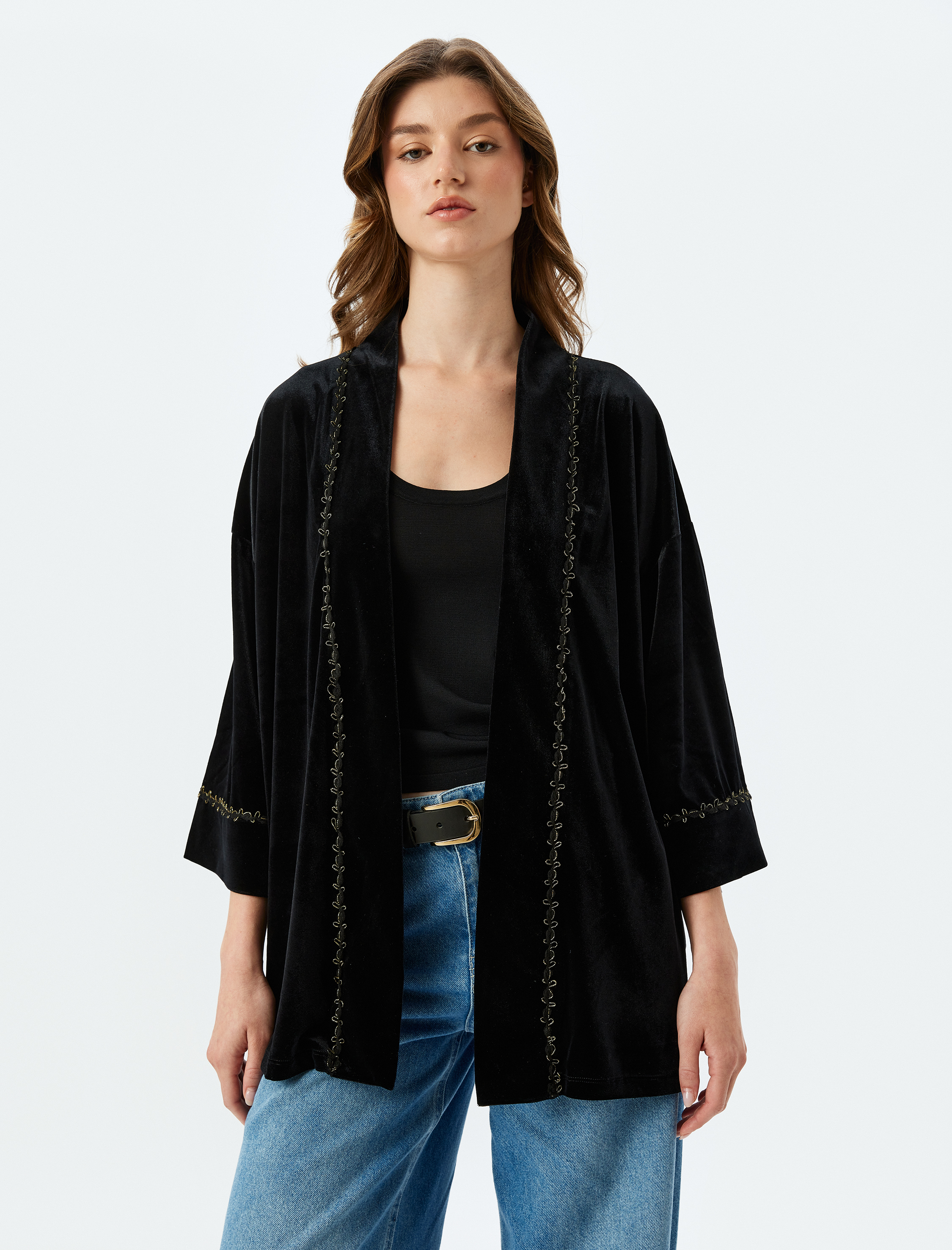   Kalça Boy Geniş 3/4 Kol Kadife Kimono