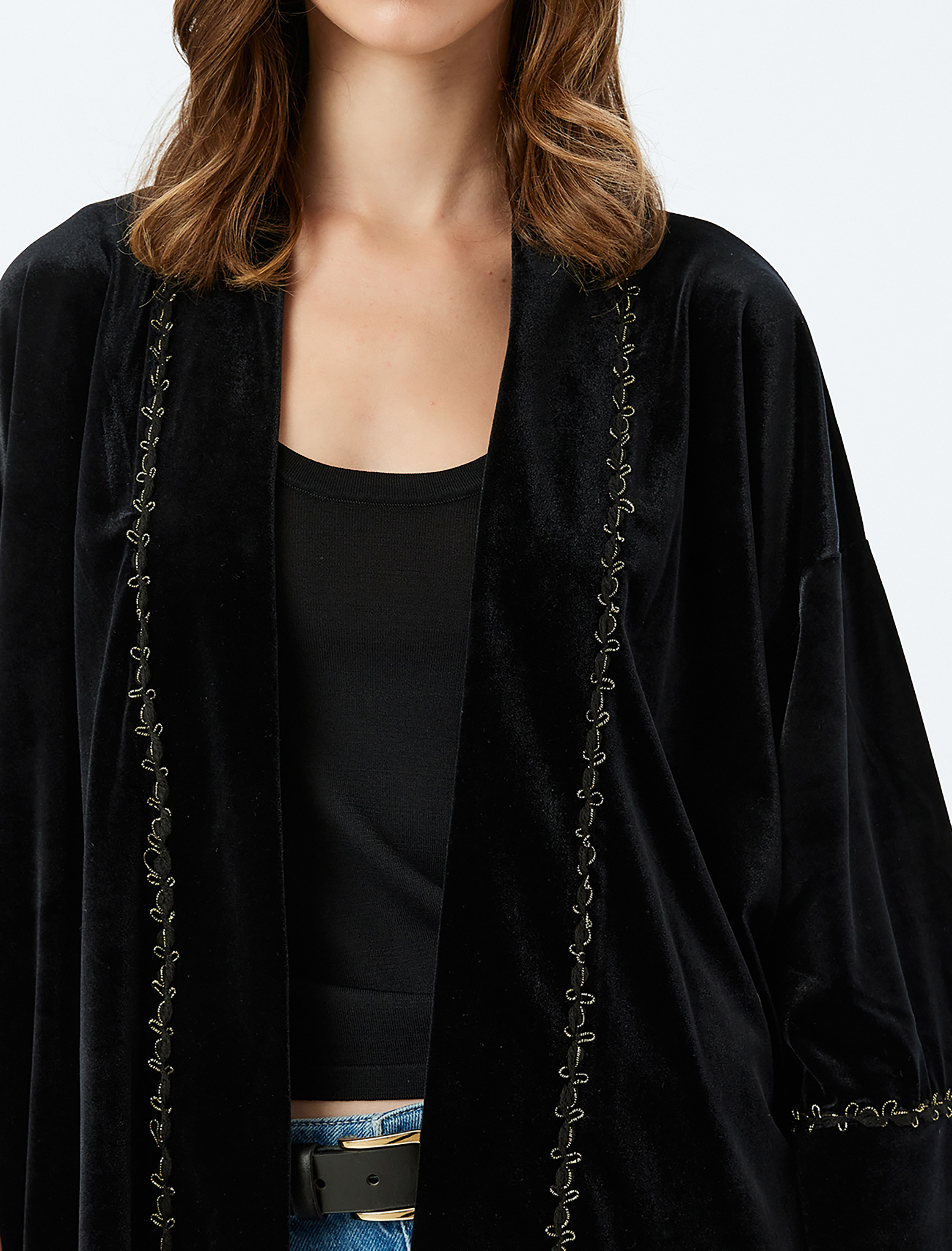   Kalça Boy Geniş 3/4 Kol Kadife Kimono