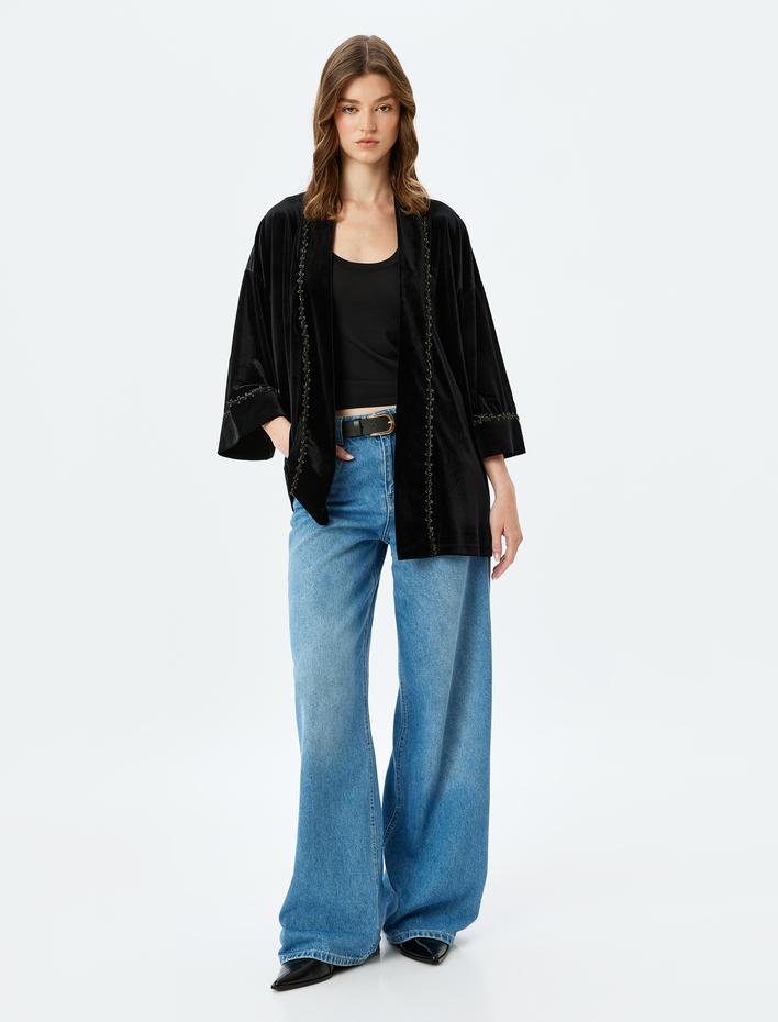  Kalça Boy Geniş 3/4 Kol Kadife Kimono