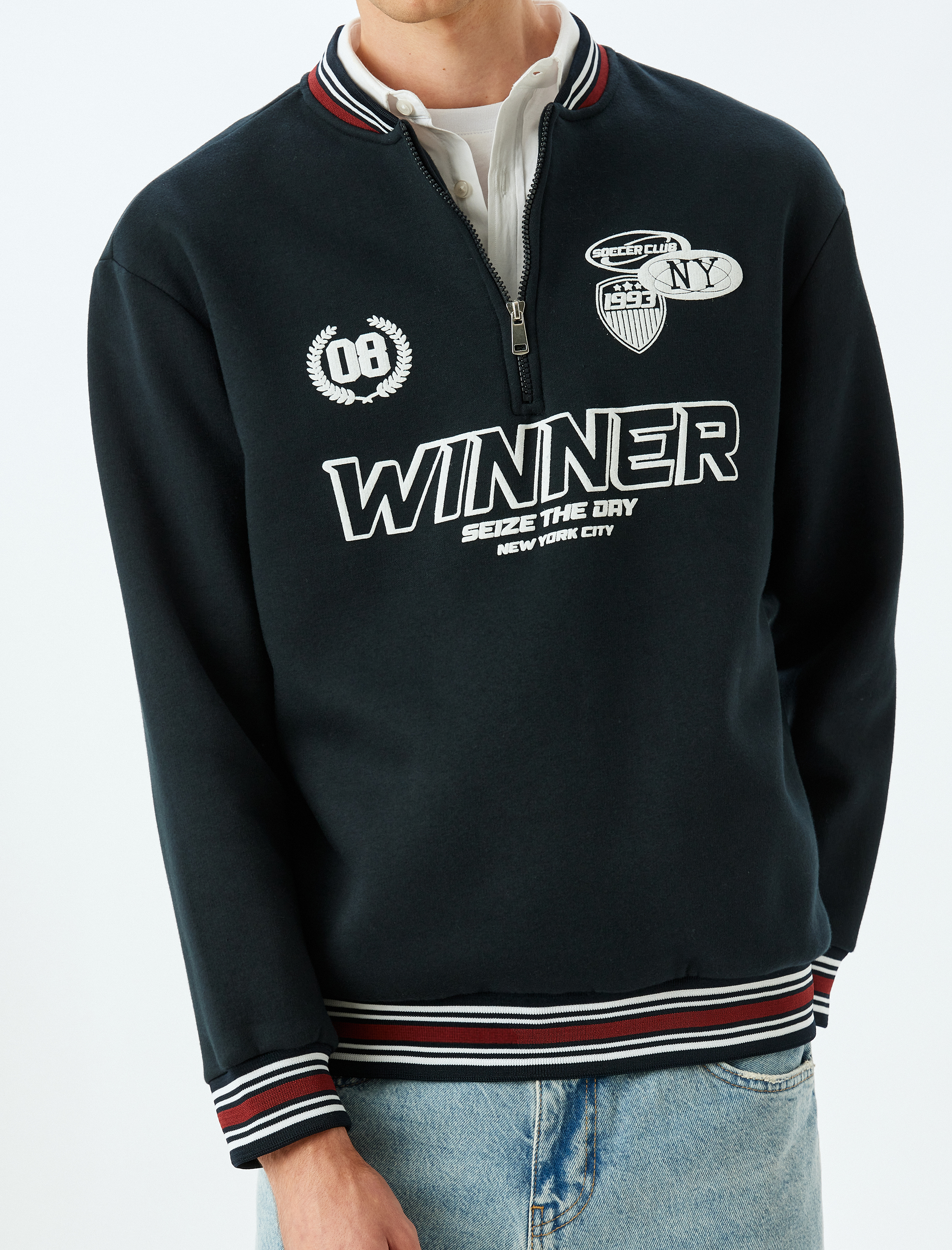   Şardonlu Pamuk Karışımlı Slogan Baskılı Yarım Fermuarlı Sweatshirt