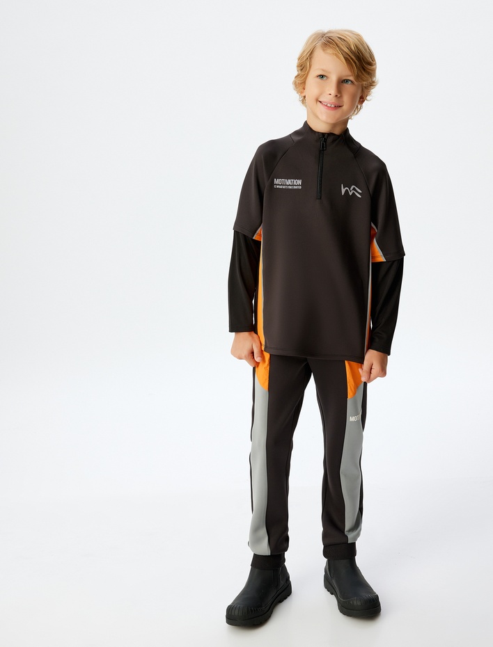 Erkek Çocuk Sweatshirt Dik Yaka Yarım Fermuarlı Uzun Kollu İşleme Detaylı