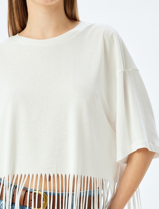 Crop Kısa Kollu Bisiklet Yaka Püsküllü Oversize Tişört_4