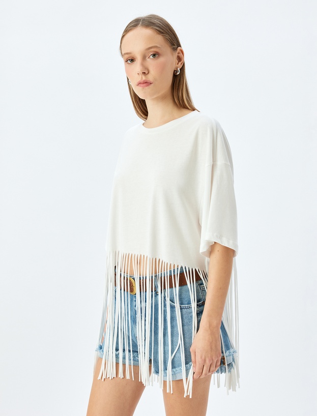 Crop Kısa Kollu Bisiklet Yaka Püsküllü Oversize Tişört_2