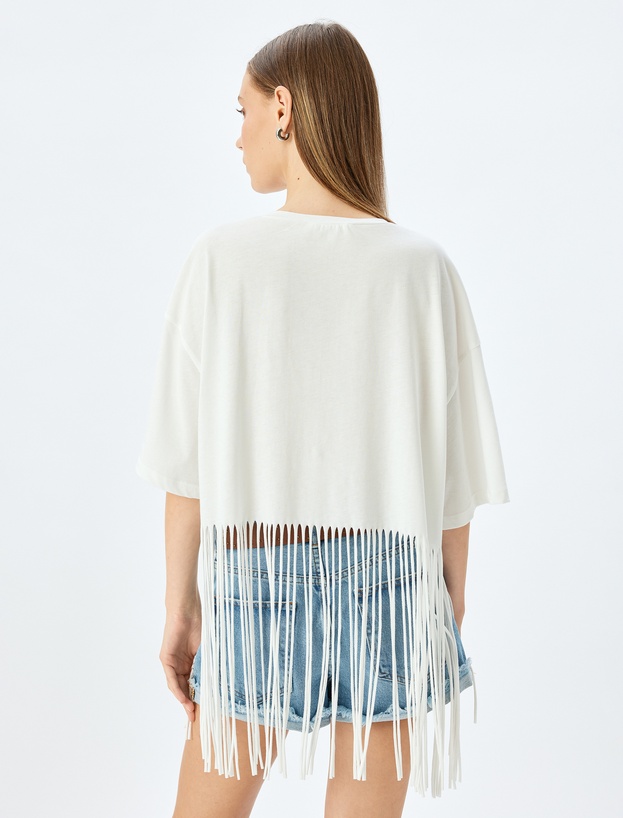 Crop Kısa Kollu Bisiklet Yaka Püsküllü Oversize Tişört_3