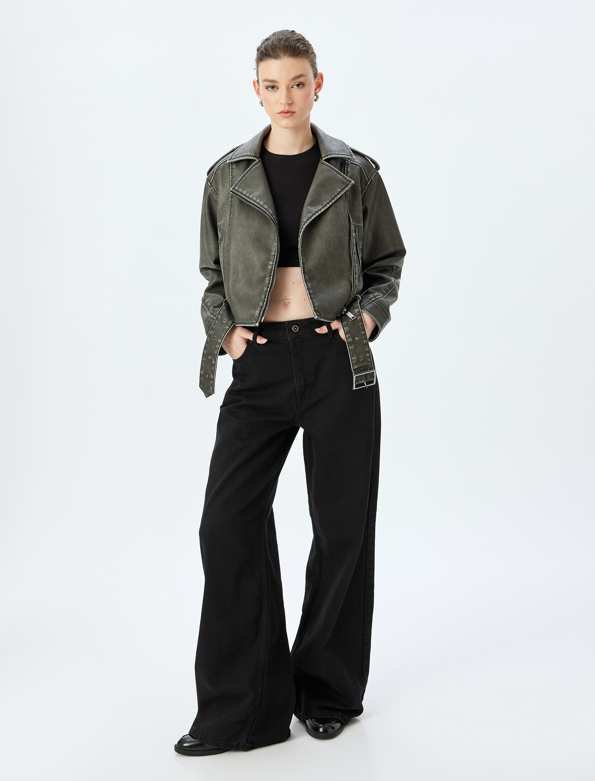   Kemerli Fermuarlı Eskitilmiş Görünümlü Oversize Biker Suni Deri Ceket