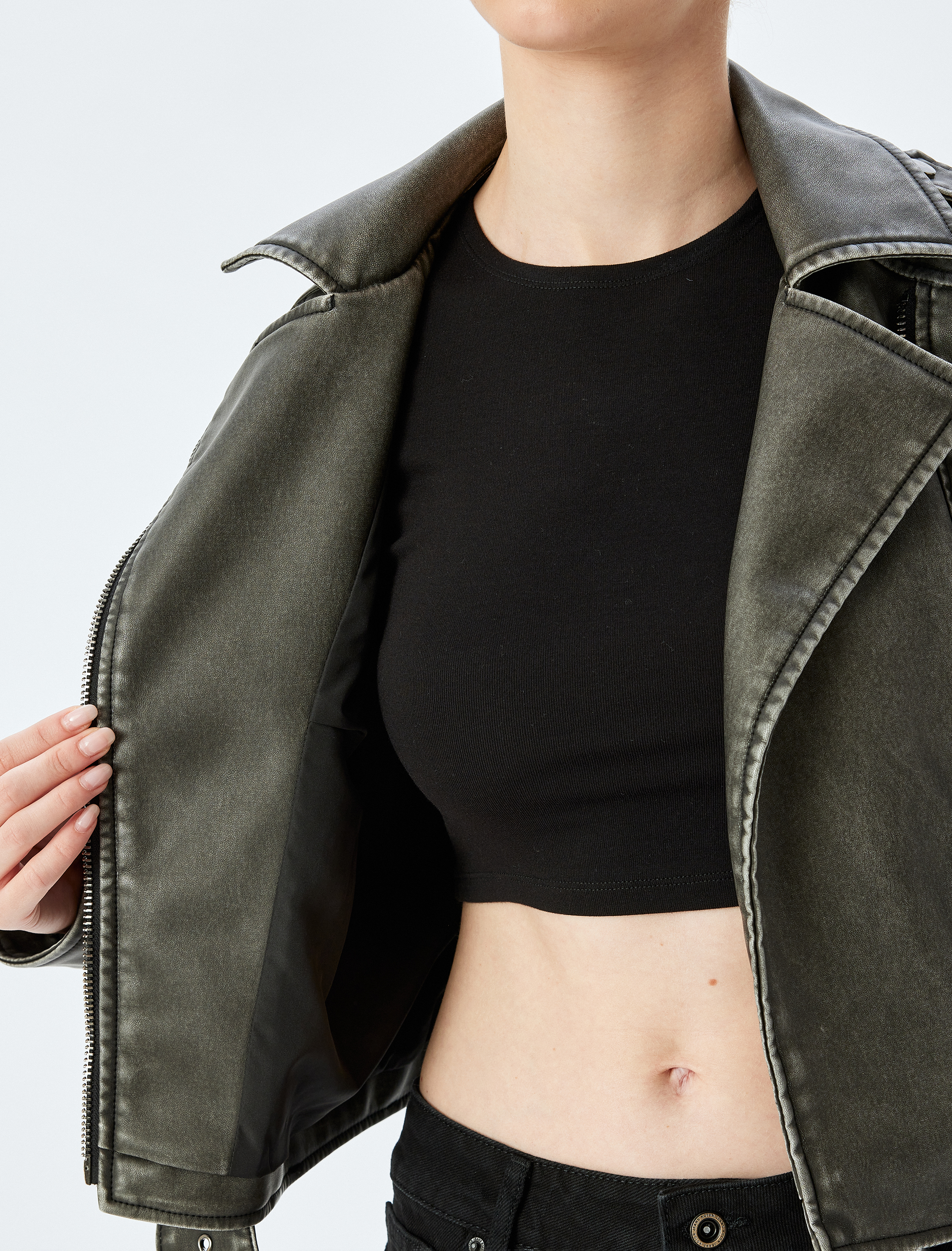   Kemerli Fermuarlı Eskitilmiş Görünümlü Oversize Biker Suni Deri Ceket