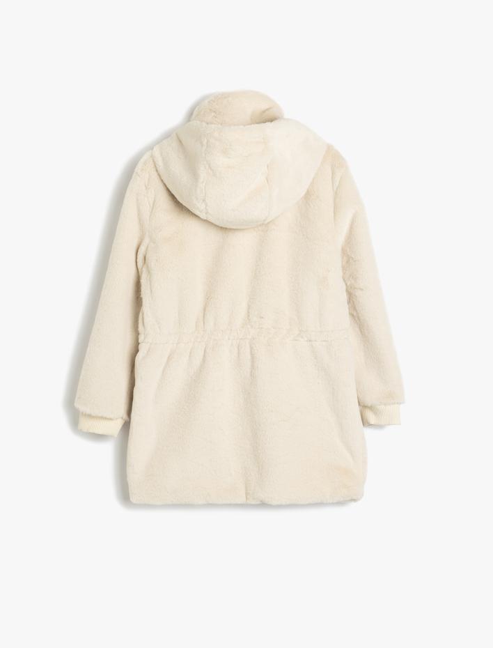 Kız Çocuk Kapşonlu Peluş Mont Fermuarlı Cep Detaylı