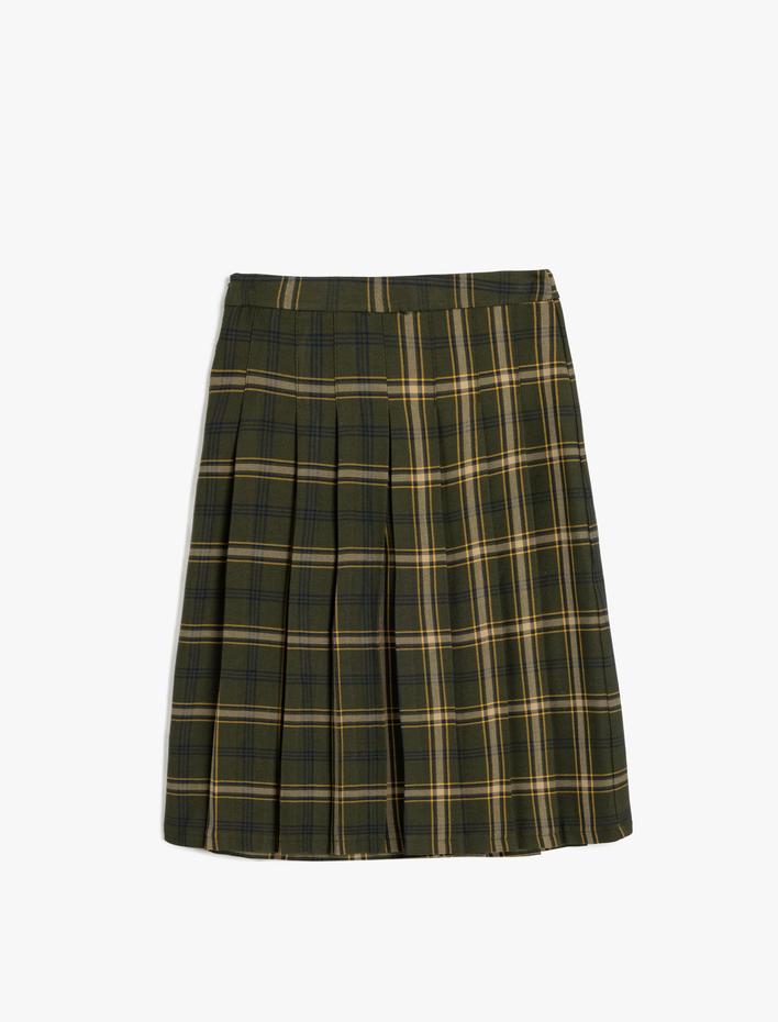 Kız Çocuk Pileli Viskon Karışımlı Kemer Detaylı Ekoseli Etek