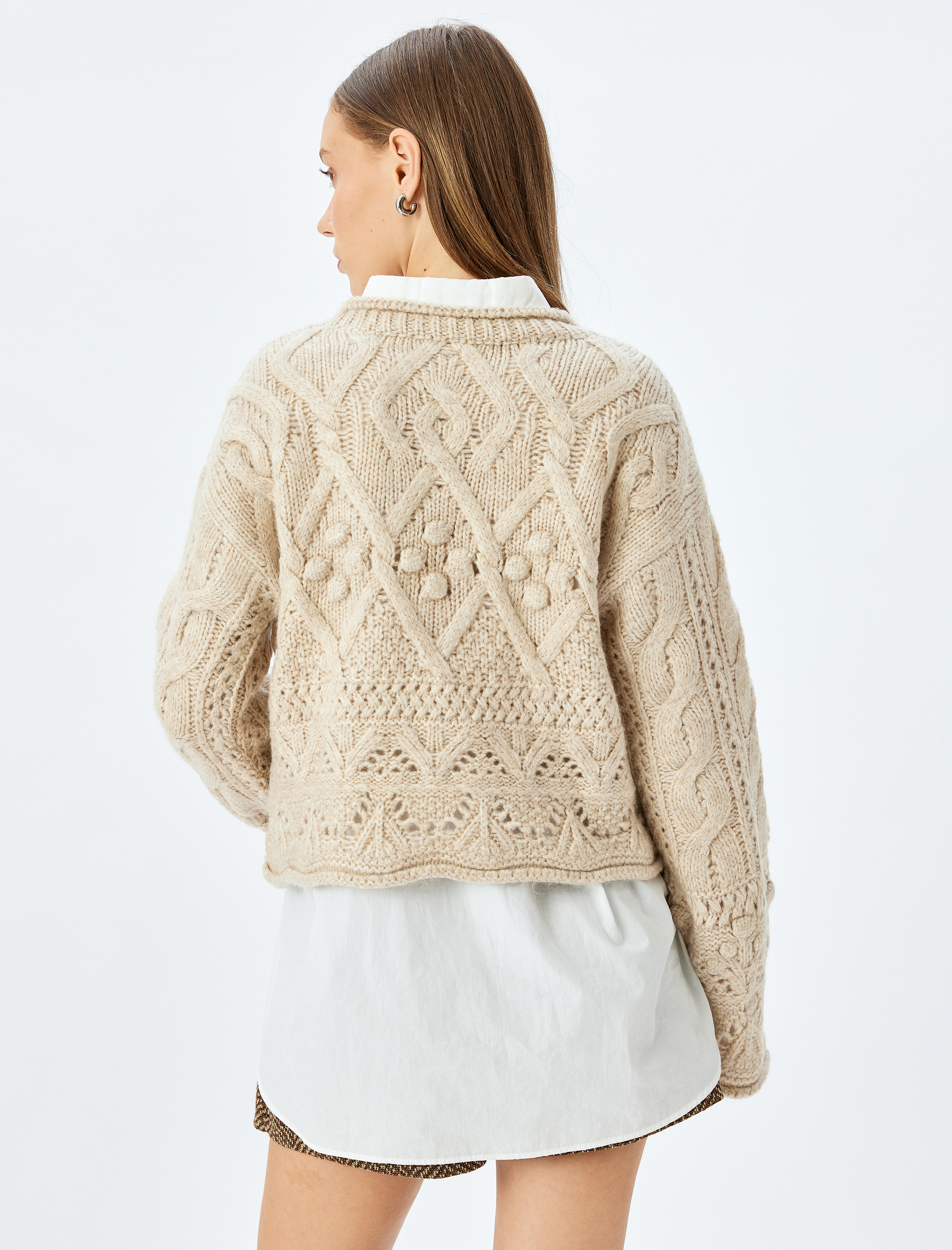   Ajurlu Crop Uzun Kollu Bisiklet Yaka Dokulu Triko Kazak