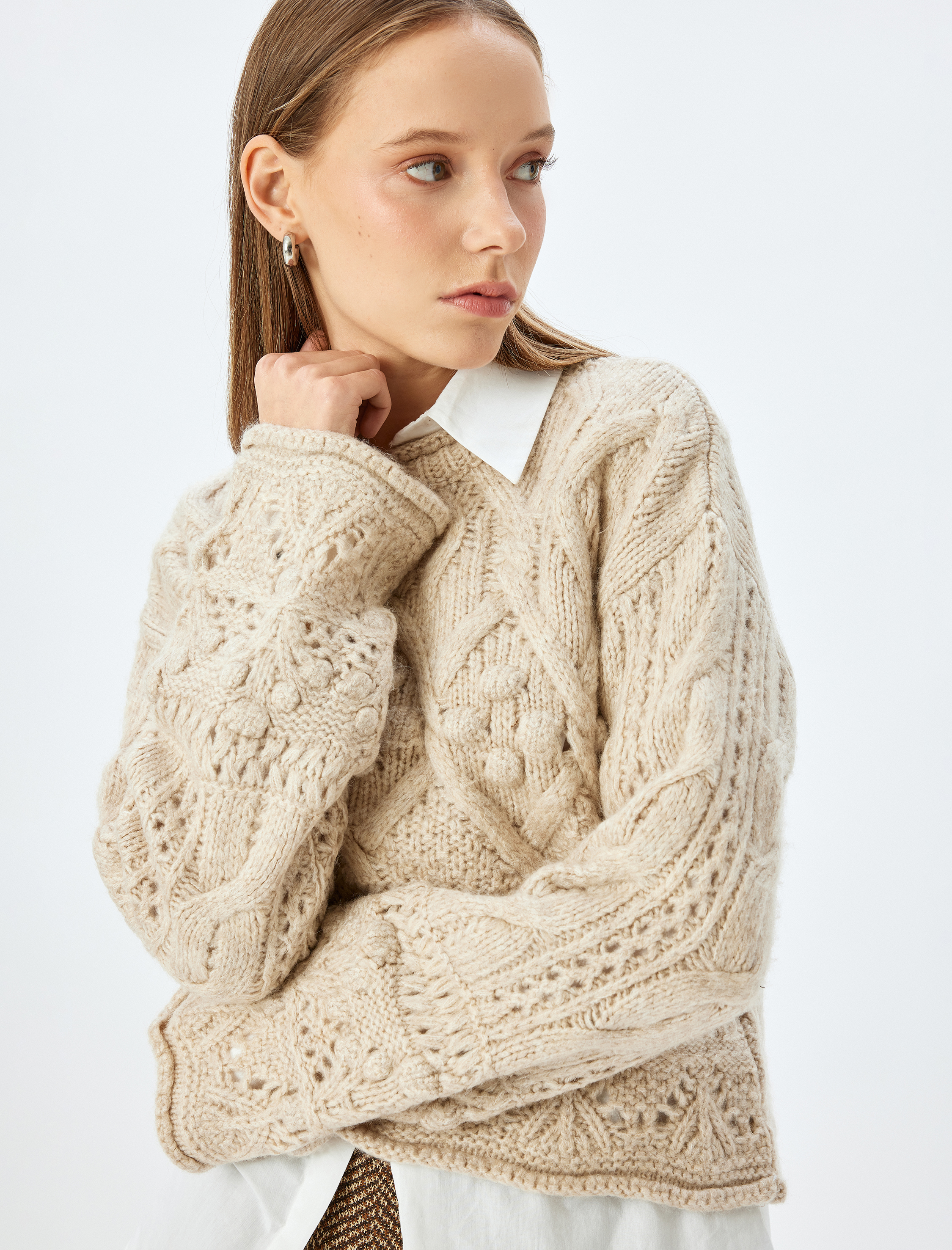   Ajurlu Crop Uzun Kollu Bisiklet Yaka Dokulu Triko Kazak