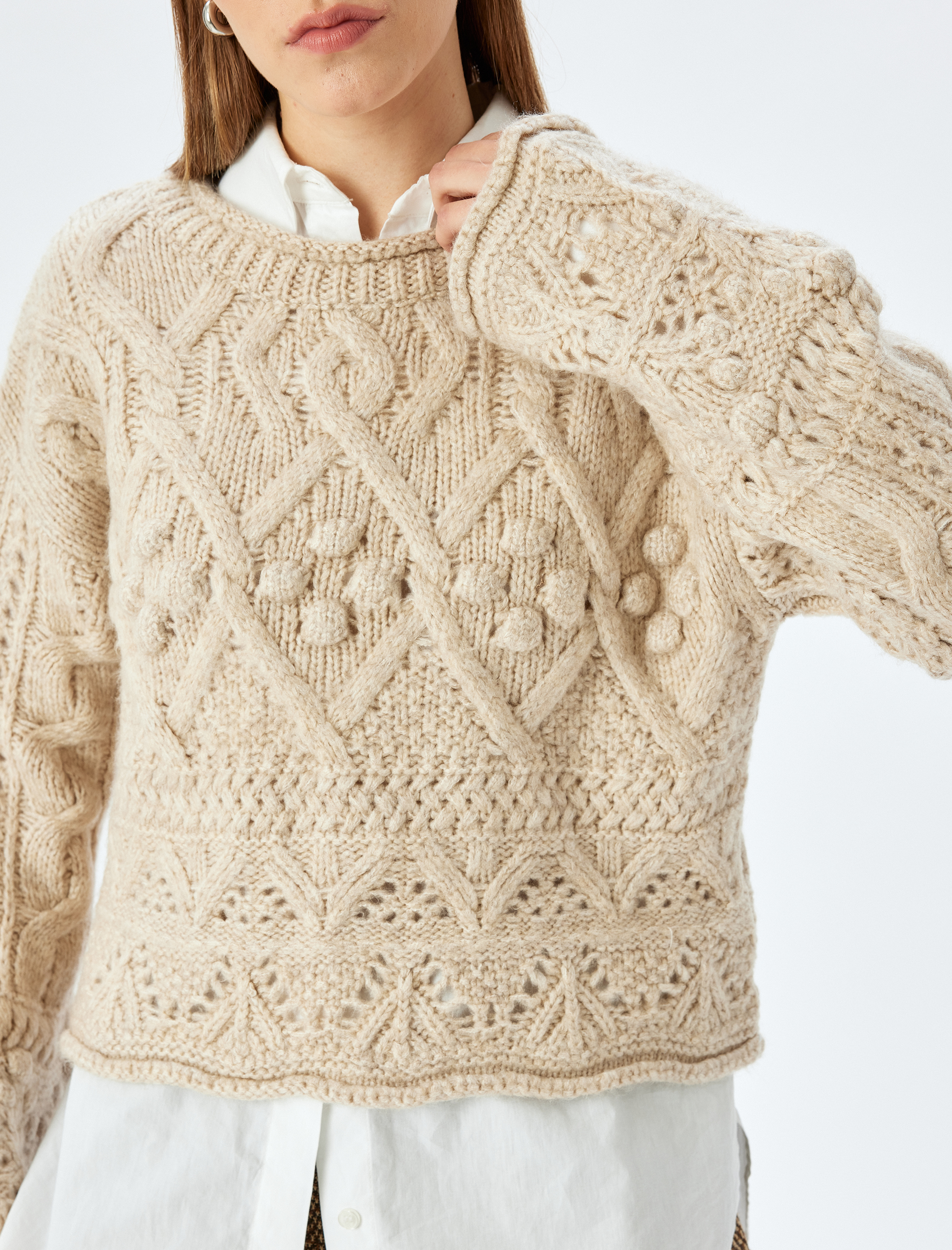   Ajurlu Crop Uzun Kollu Bisiklet Yaka Dokulu Triko Kazak