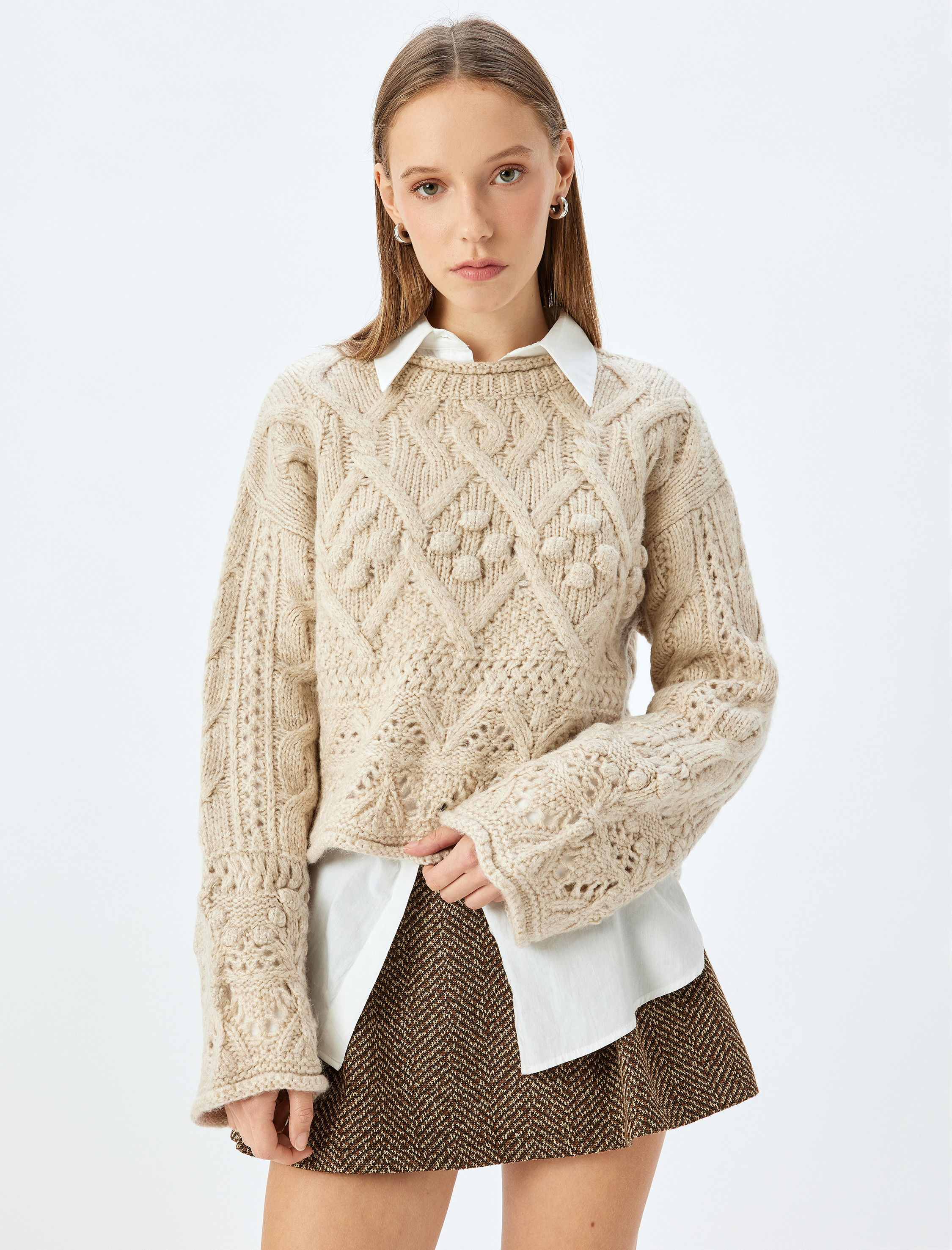   Ajurlu Crop Uzun Kollu Bisiklet Yaka Dokulu Triko Kazak