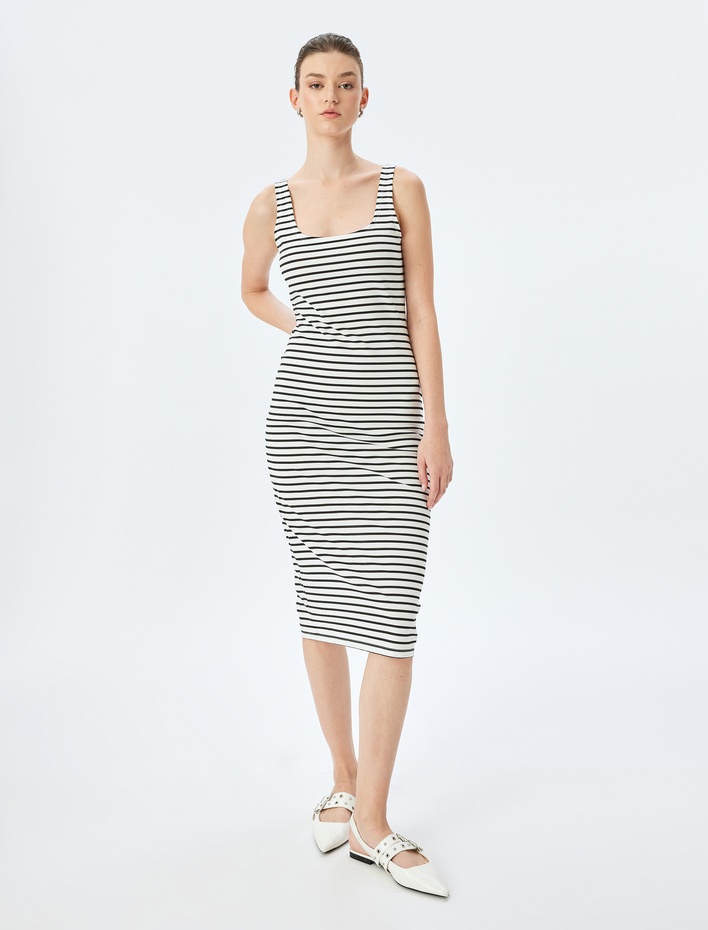  U Yaka Askılı Midi Boy Kalem Elbise