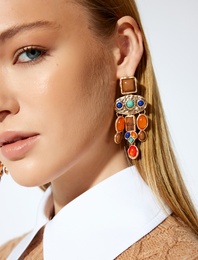 Geometrik Küpe Sallantılı Taş Detaylı Çok Renkli Büyük Boy - Koton X Melis Ağazat