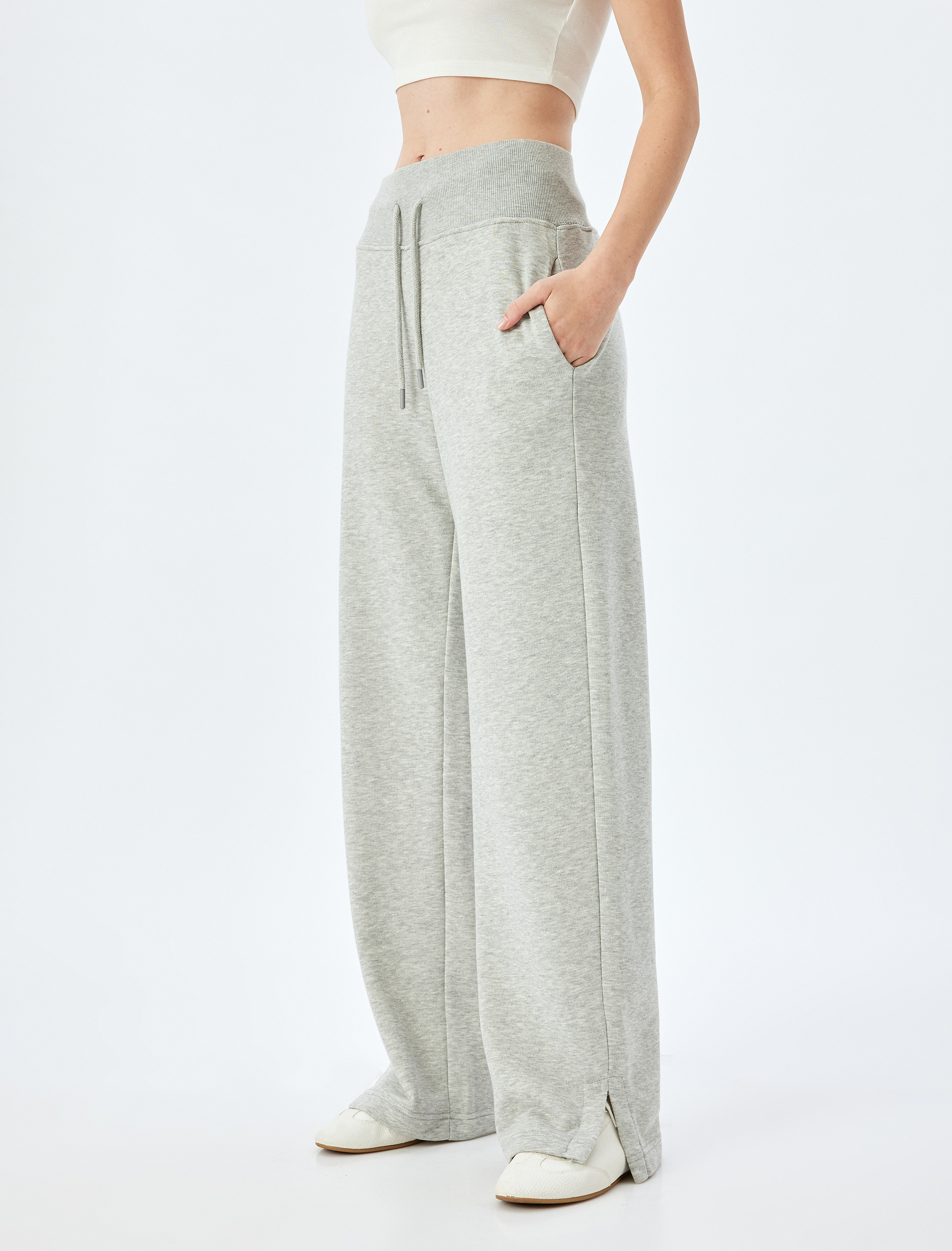   Bol Paça Beli Bağcıklı Cepli Yırtmaç Detaylı Yüksek Bel Kalın Eşofman Altı