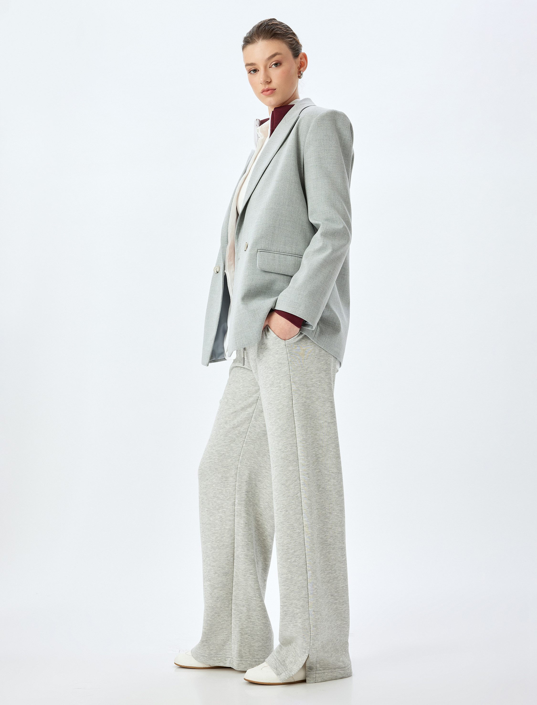   Bol Paça Beli Bağcıklı Cepli Yırtmaç Detaylı Yüksek Bel Kalın Eşofman Altı