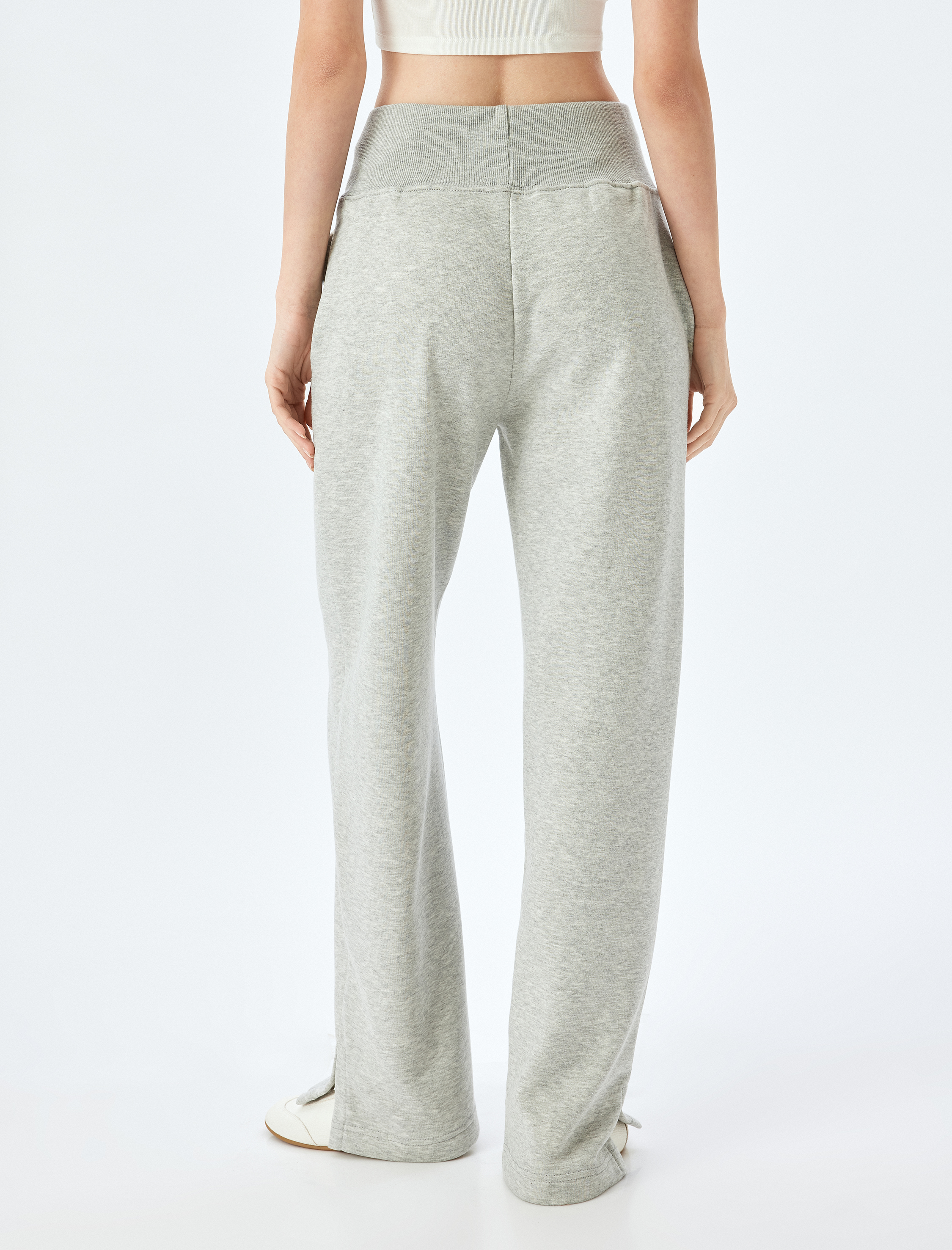   Bol Paça Beli Bağcıklı Cepli Yırtmaç Detaylı Yüksek Bel Kalın Eşofman Altı