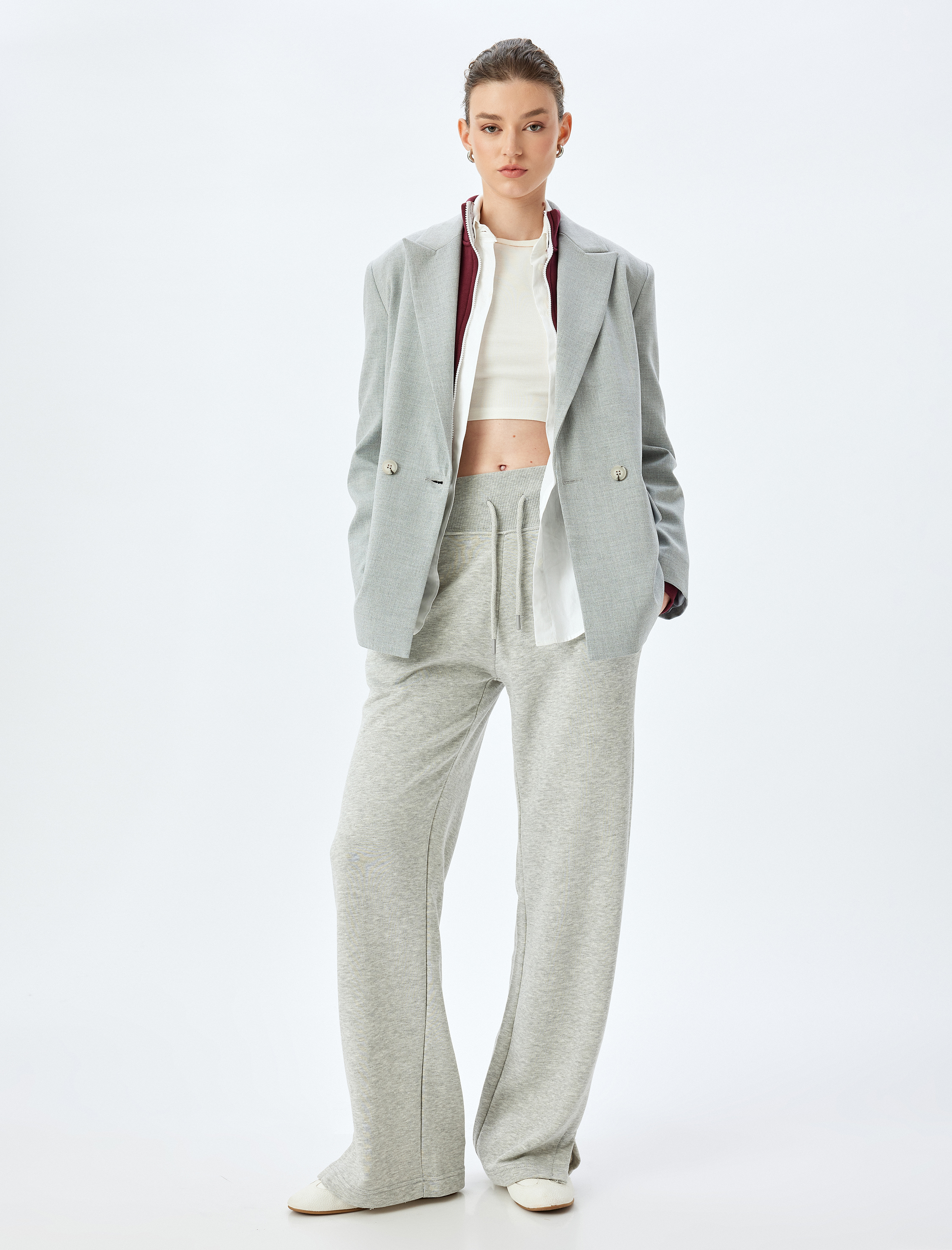   Bol Paça Beli Bağcıklı Cepli Yırtmaç Detaylı Yüksek Bel Kalın Eşofman Altı