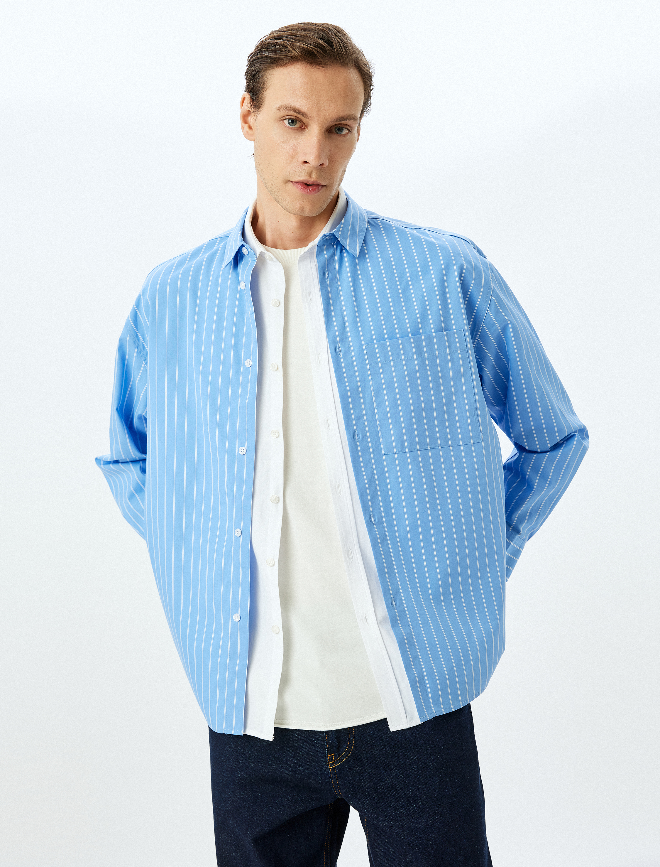   Uzun Kollu Regular Fit Poplin Pamuklu Cepli Çizgili Gömlek