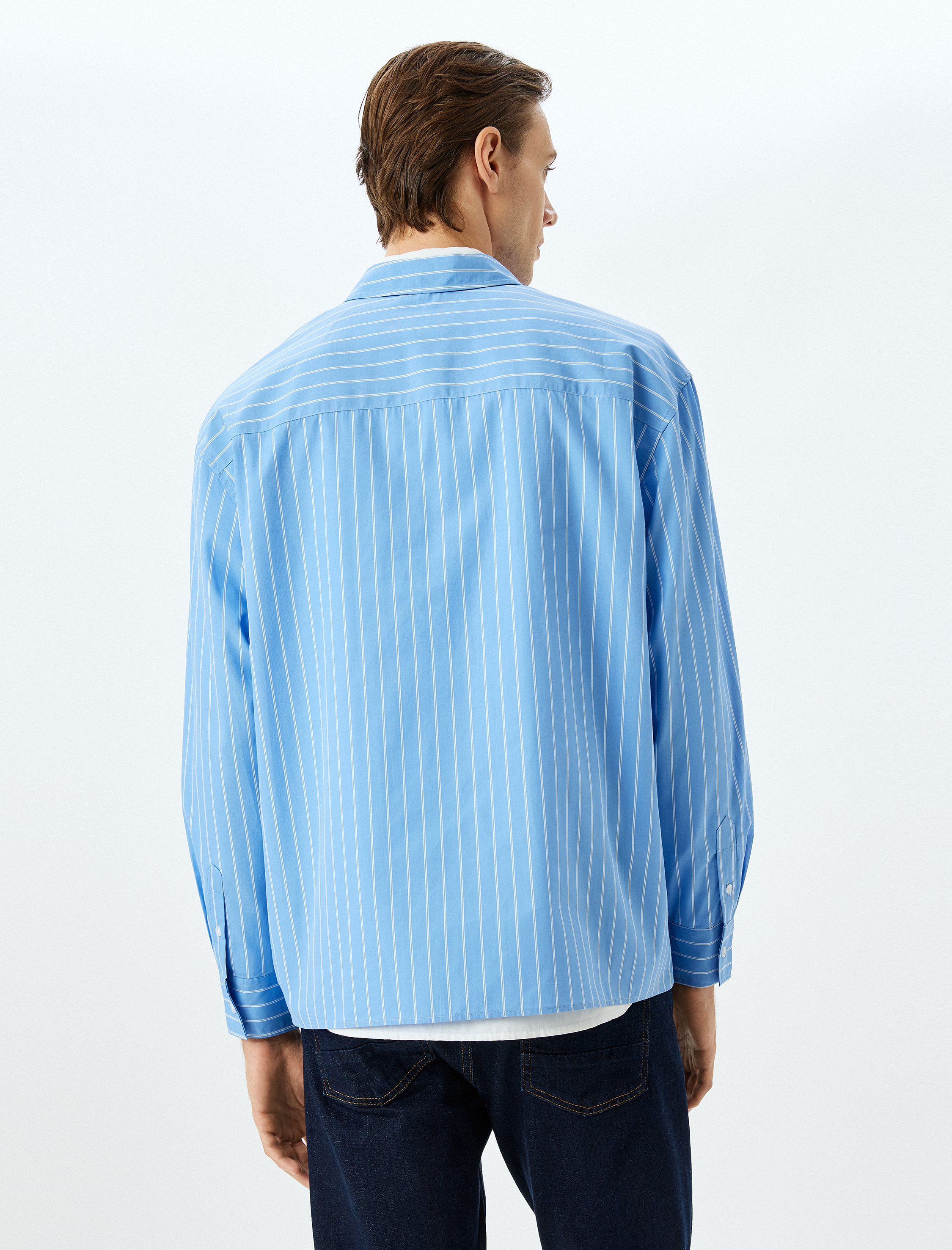   Uzun Kollu Regular Fit Poplin Pamuklu Cepli Çizgili Gömlek